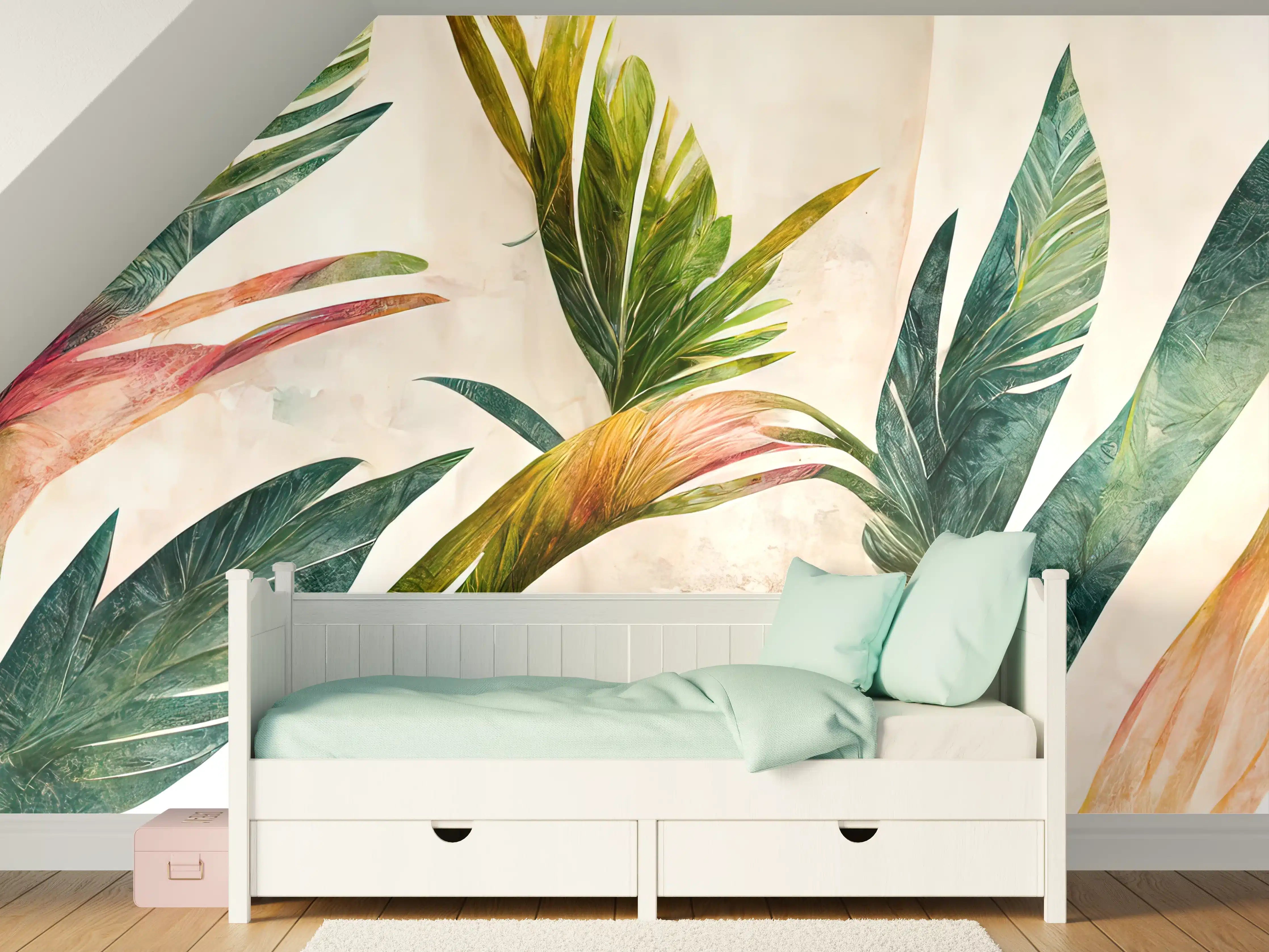 Kinderzimmer Wandgestaltung - Üppiges Blattmuster in Grün und Pink