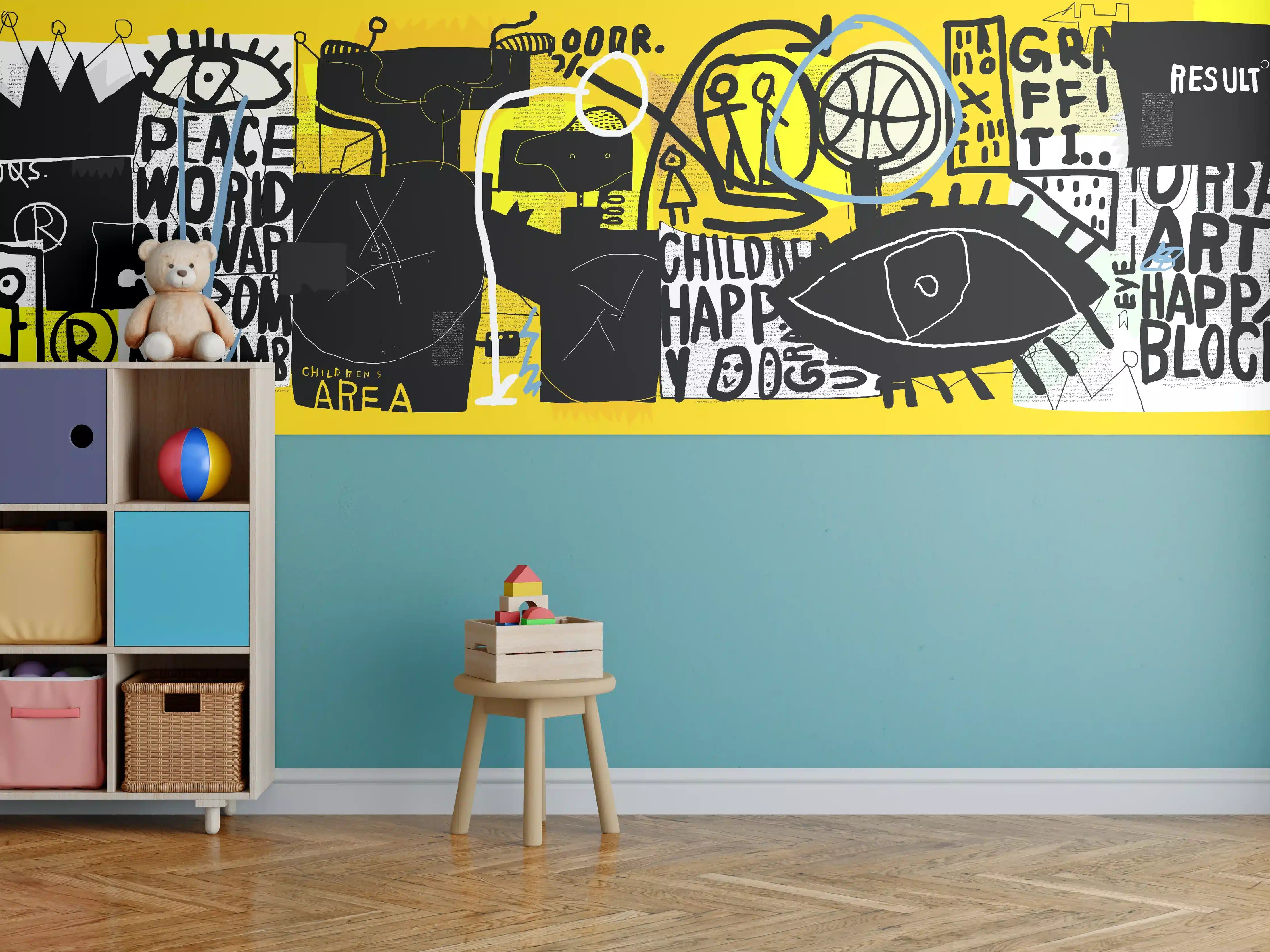 Kinderzimmer Wandgestaltung - Urbanes Graffiti-Kunstwerk Gelb Schwarz