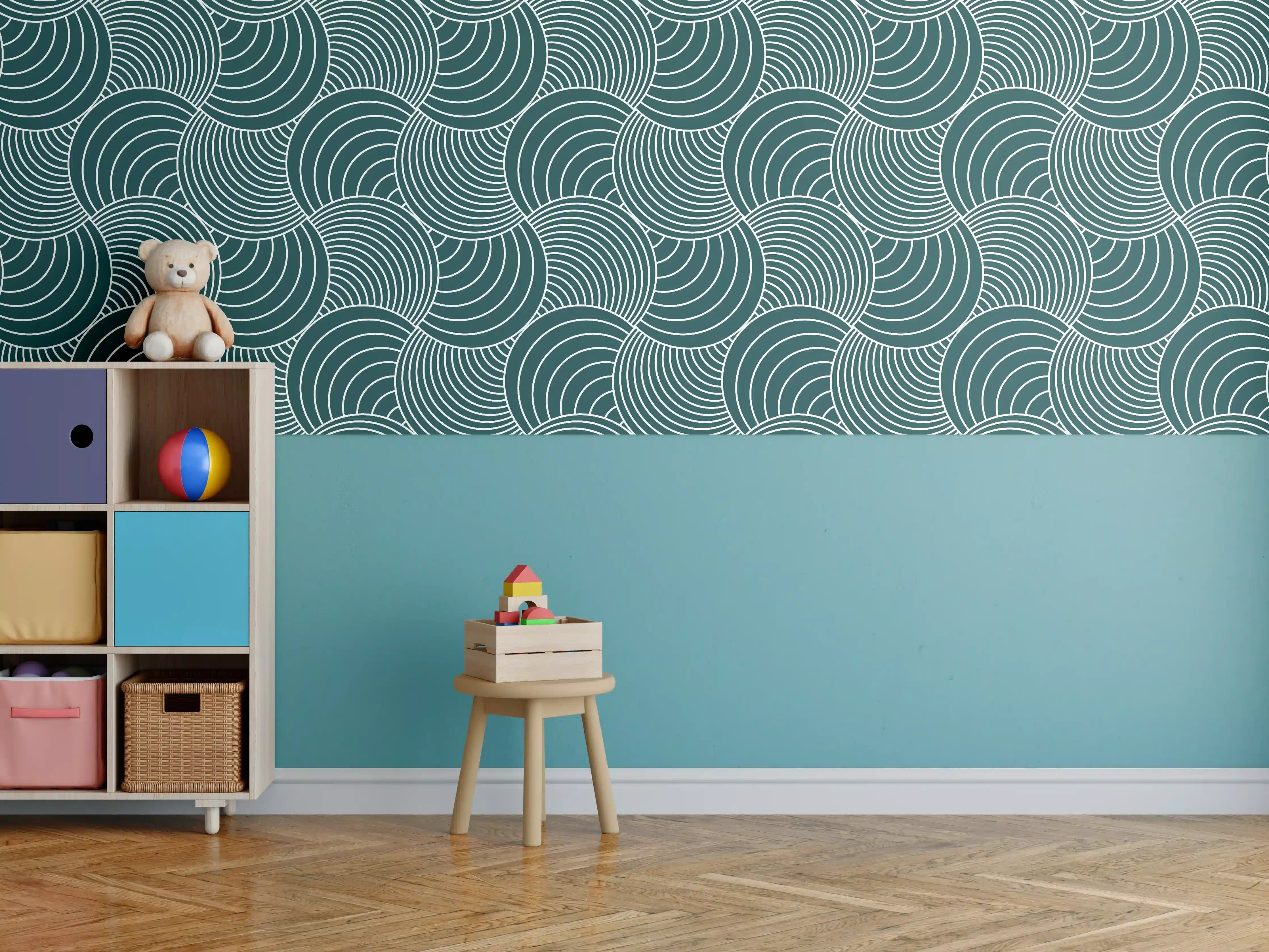 Kinderzimmer Wandgestaltung - Verflochtene Wellen in Petrolgrün