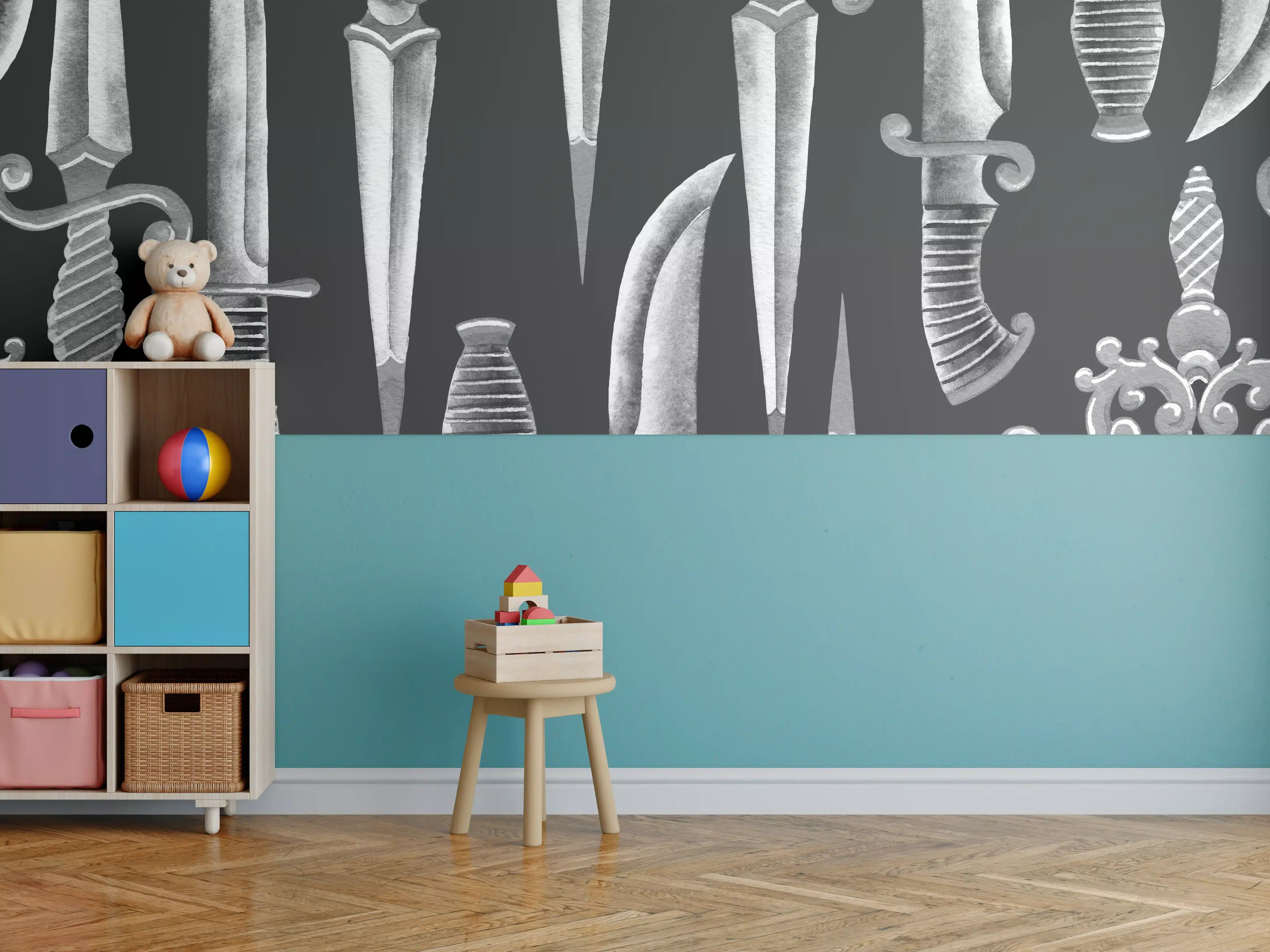 Kinderzimmer Wandgestaltung - Verschnörkelte Messer in Aquarell