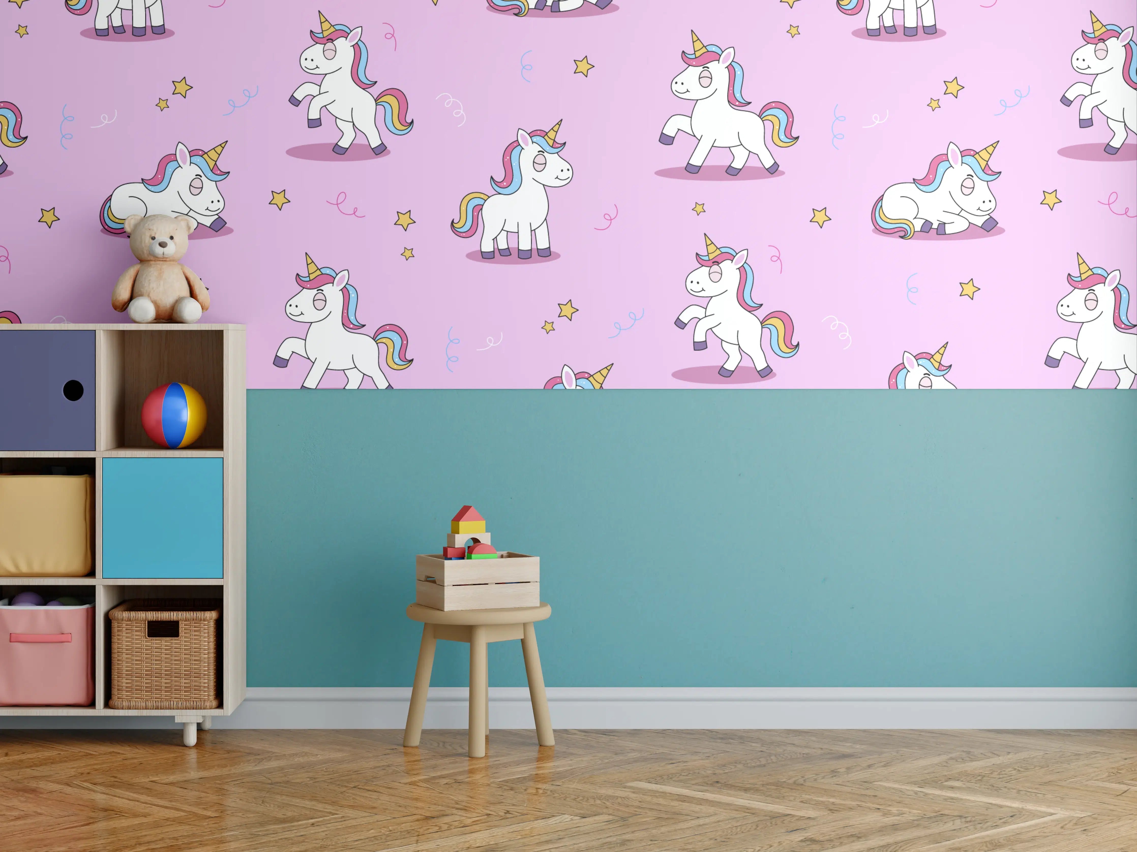 Kinderzimmer Wandgestaltung - Verspielte Einhorn-Muster in Pastellfarben