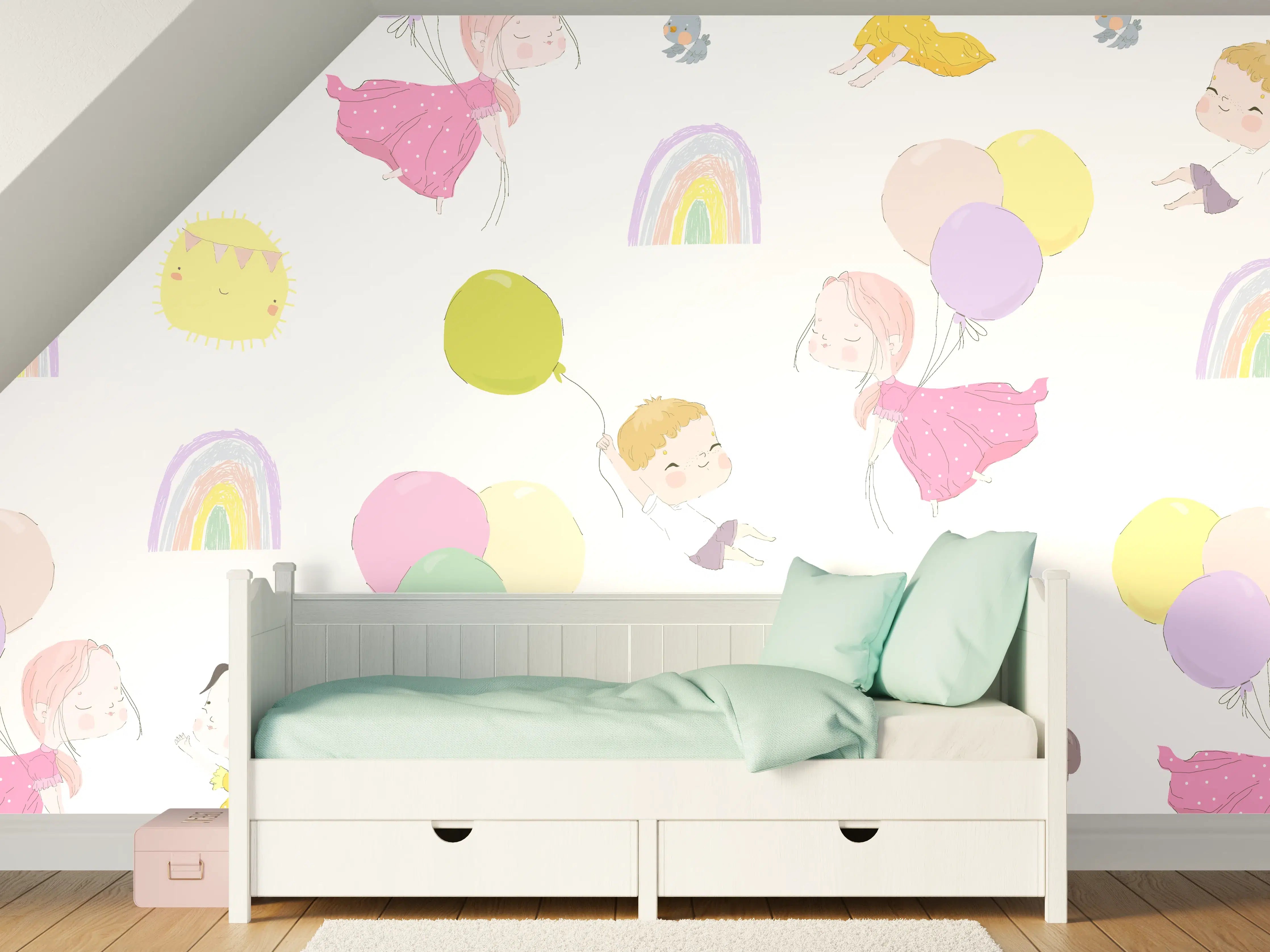 Kinderzimmer Wandgestaltung - Verspielte Kinder mit bunten Ballons