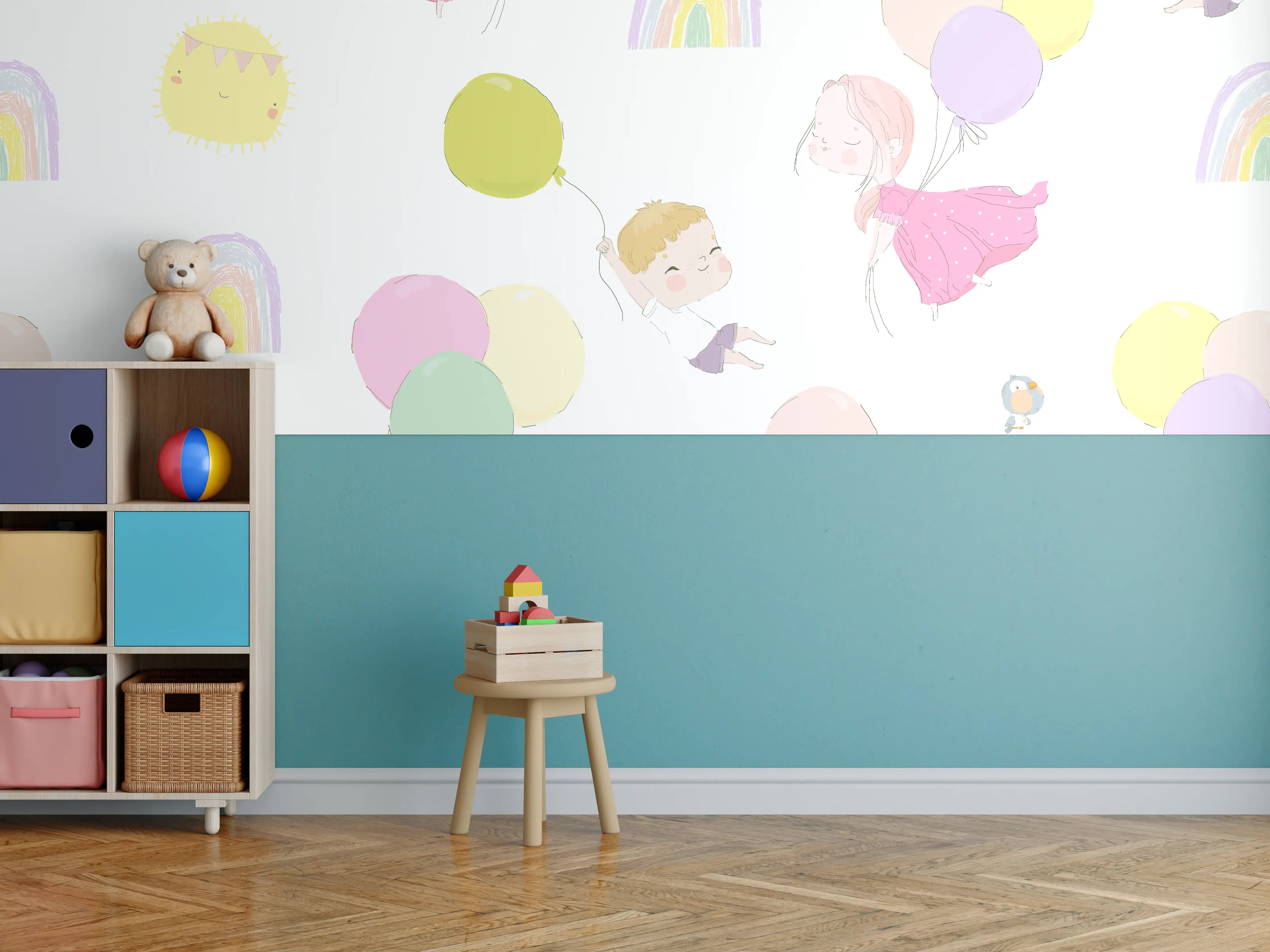 Kinderzimmer Wandgestaltung - Verspielte Kinder mit bunten Ballons