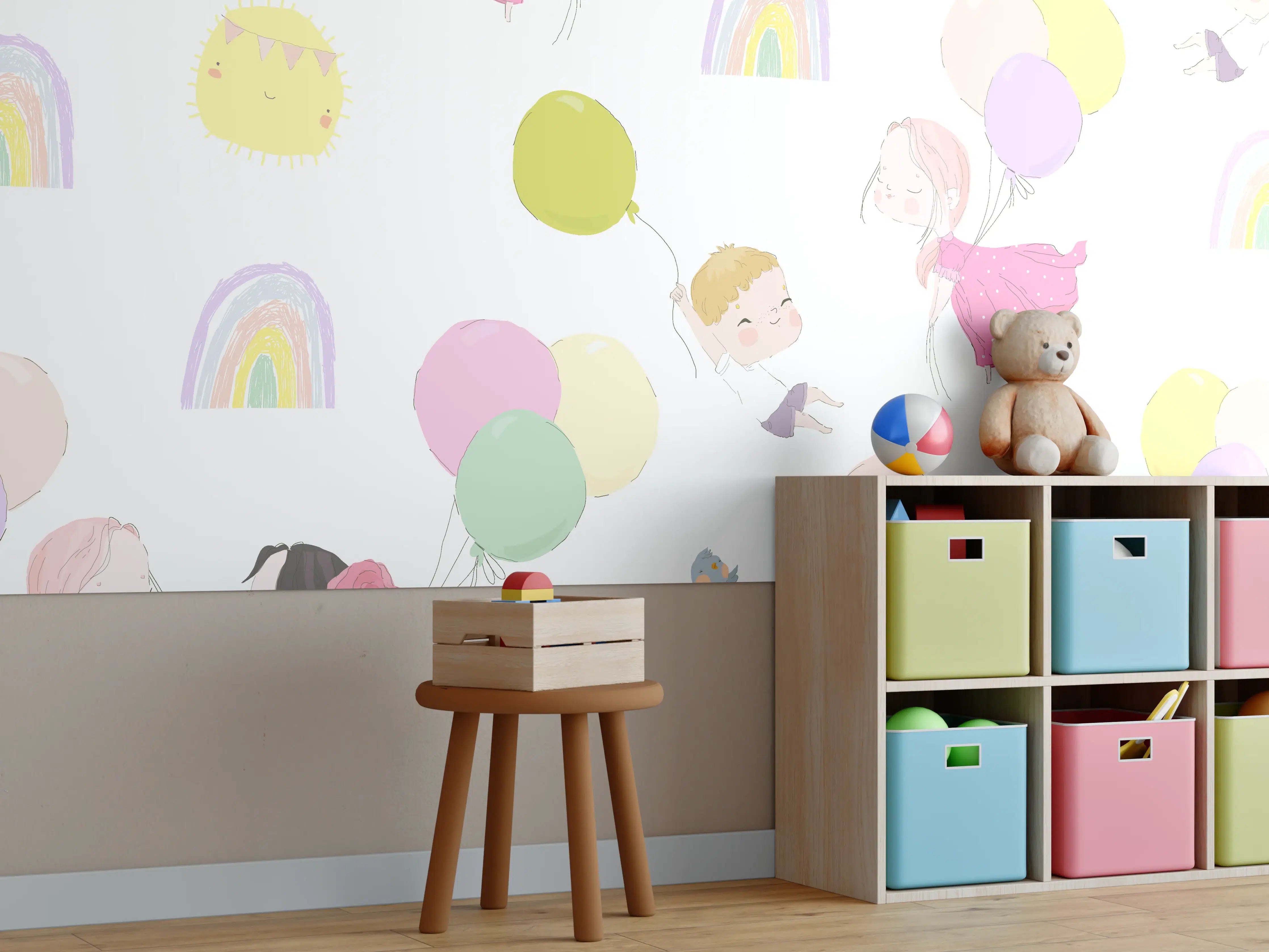 Kinderzimmer Wandgestaltung - Verspielte Kinder mit bunten Ballons