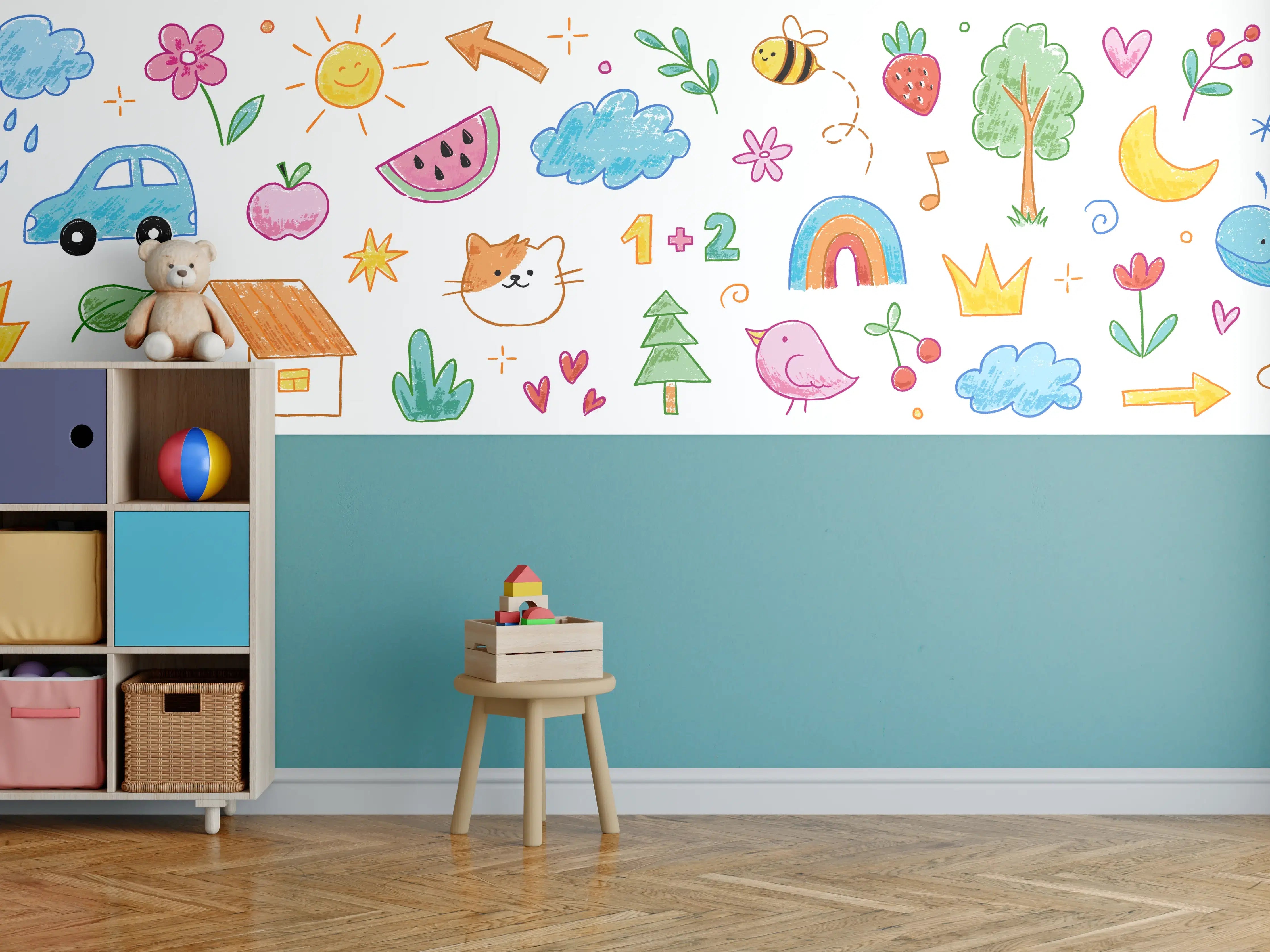 Kinderzimmer Wandgestaltung - Verspielte Kinderzimmer Wandgestaltung mit bunten Motiven