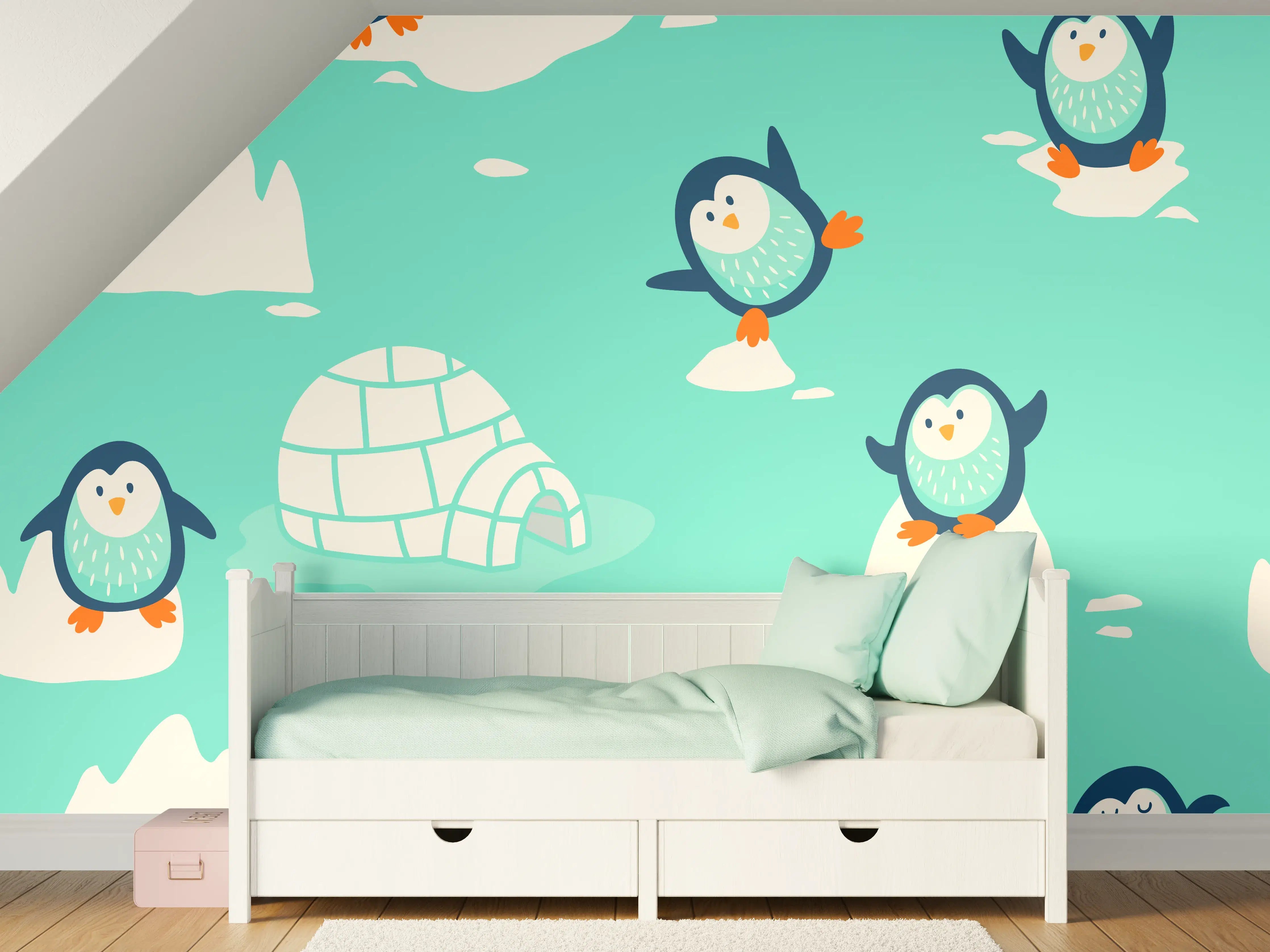 Kinderzimmer Wandgestaltung - Verspielte Pinguin-Musterung Türkis