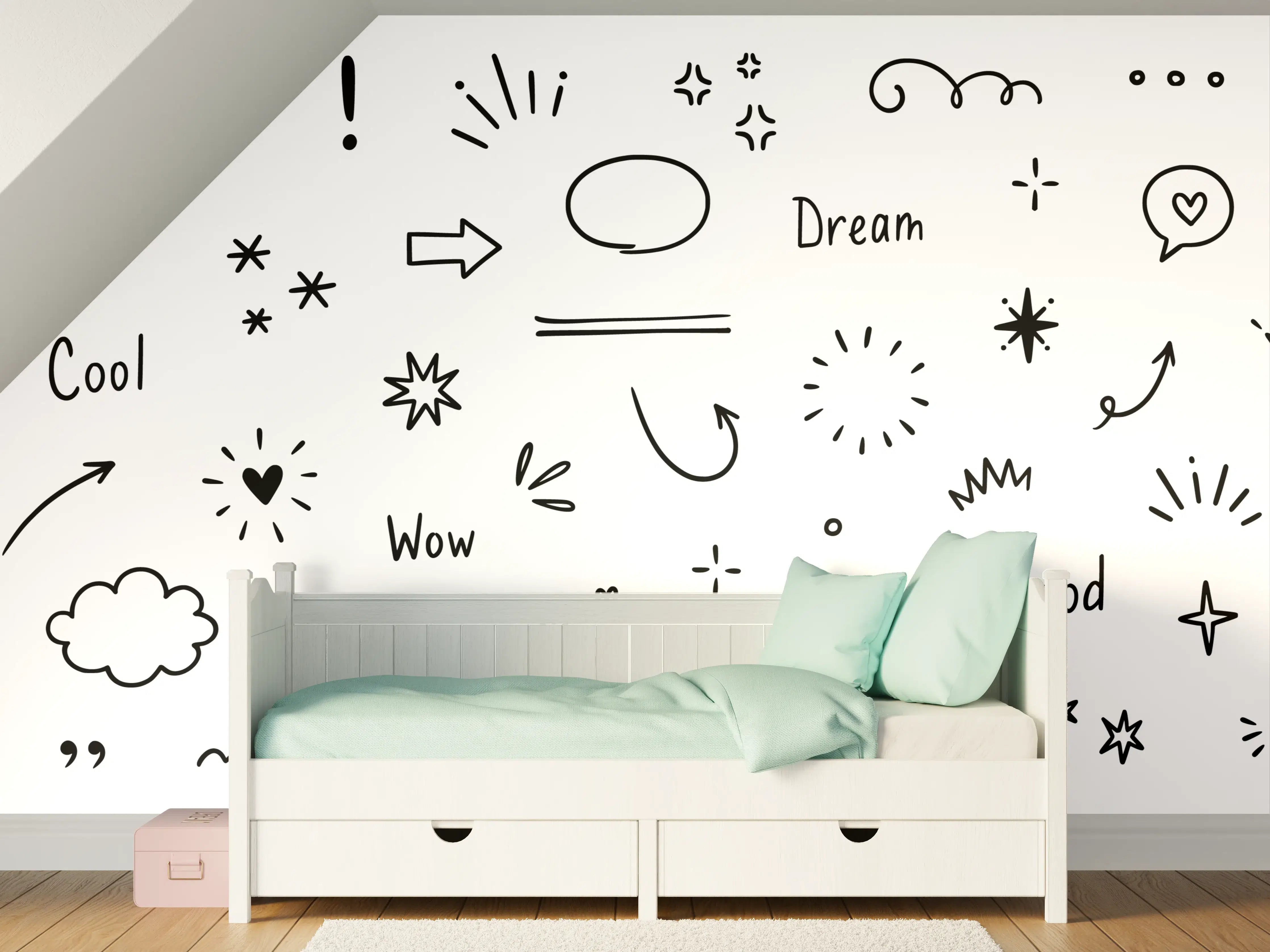 Kinderzimmer Wandgestaltung - Verspielte Schwarz-Weiß-Skizzen mit Sternen und Herzen