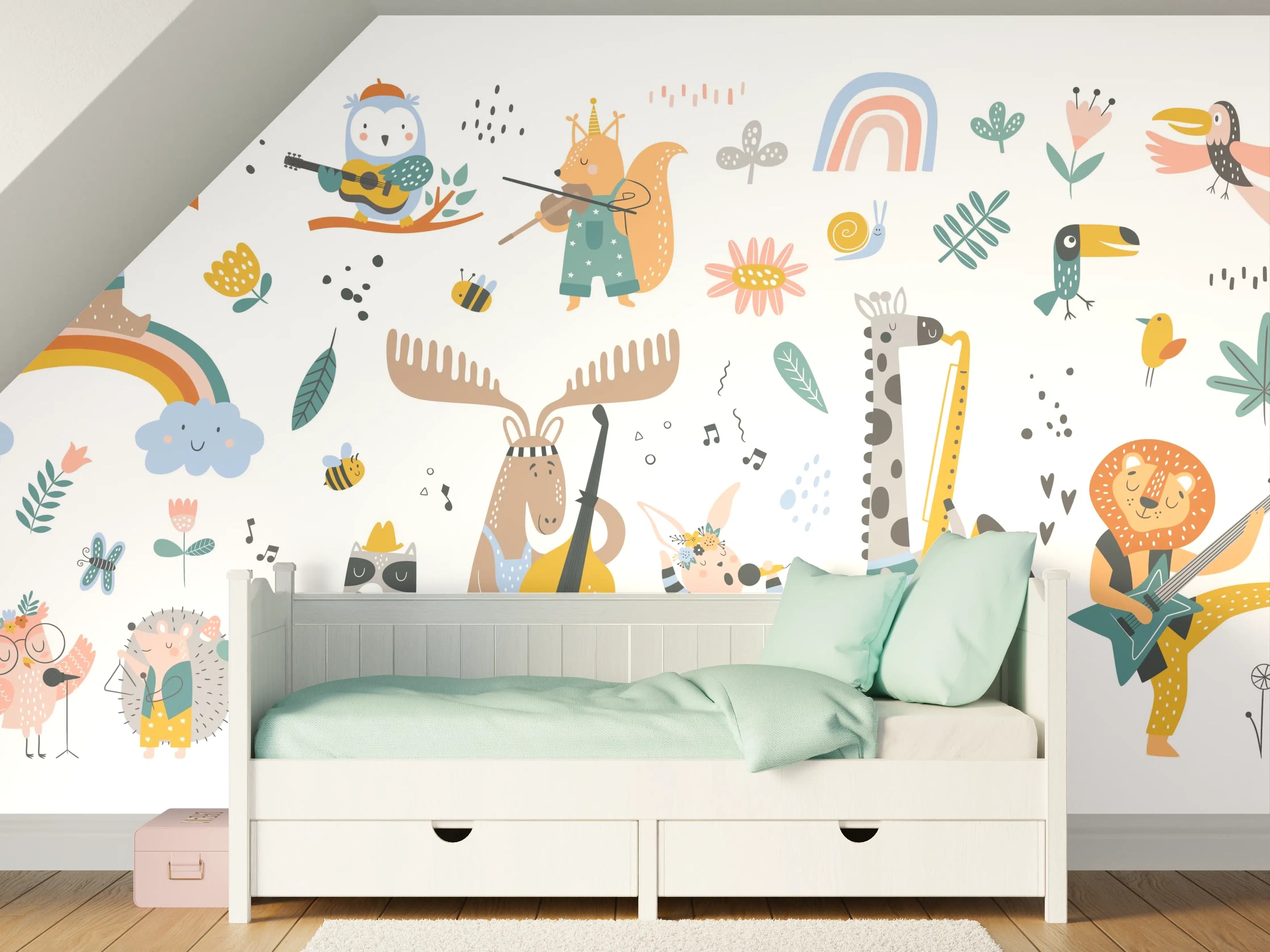 Kinderzimmer Wandgestaltung - Verspielte Tier- und Musikinstrumente-Dekoration