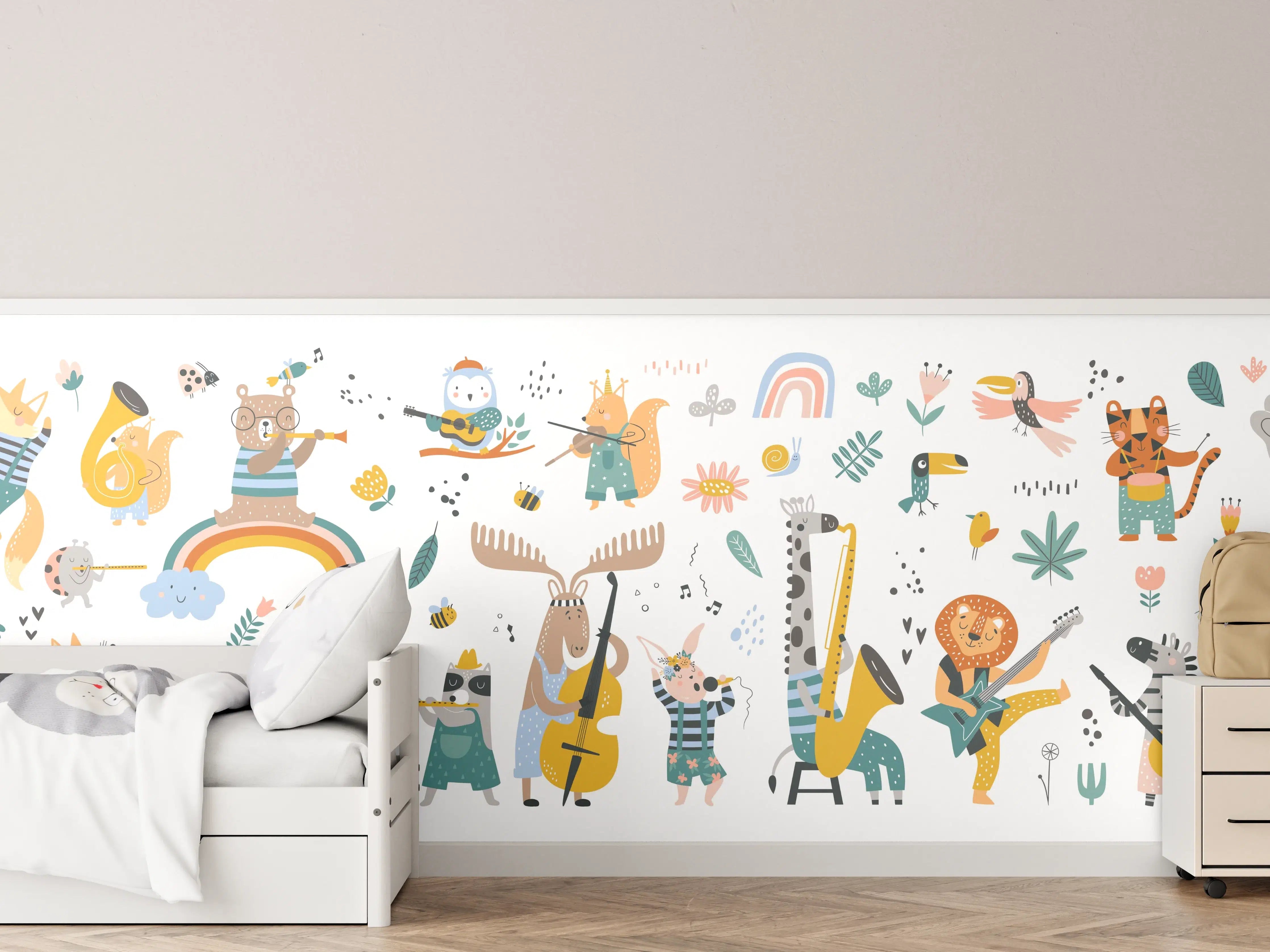 Kinderzimmer Wandgestaltung - Verspielte Tier- und Musikinstrumente-Dekoration