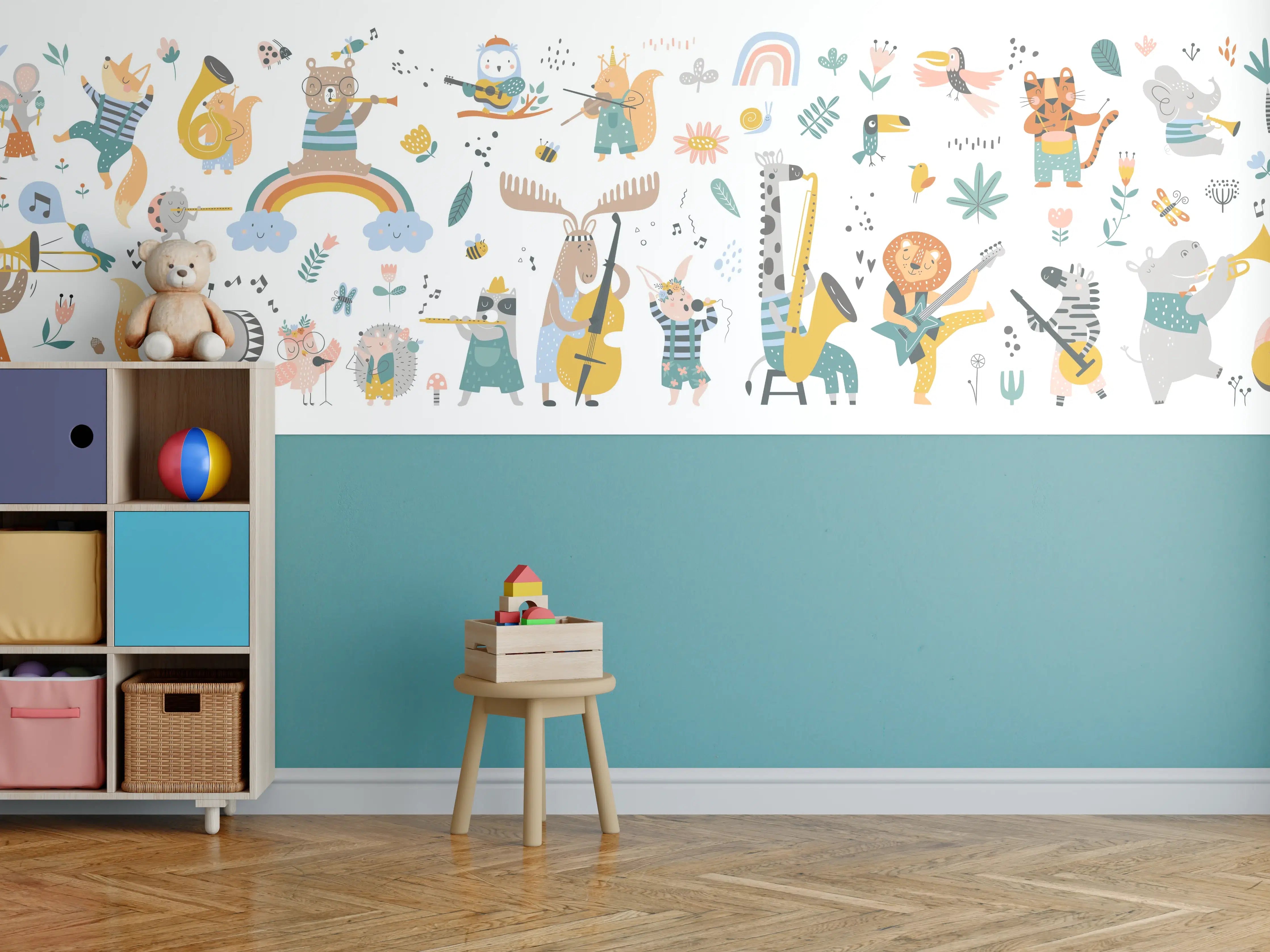 Kinderzimmer Wandgestaltung - Verspielte Tier- und Musikinstrumente-Dekoration
