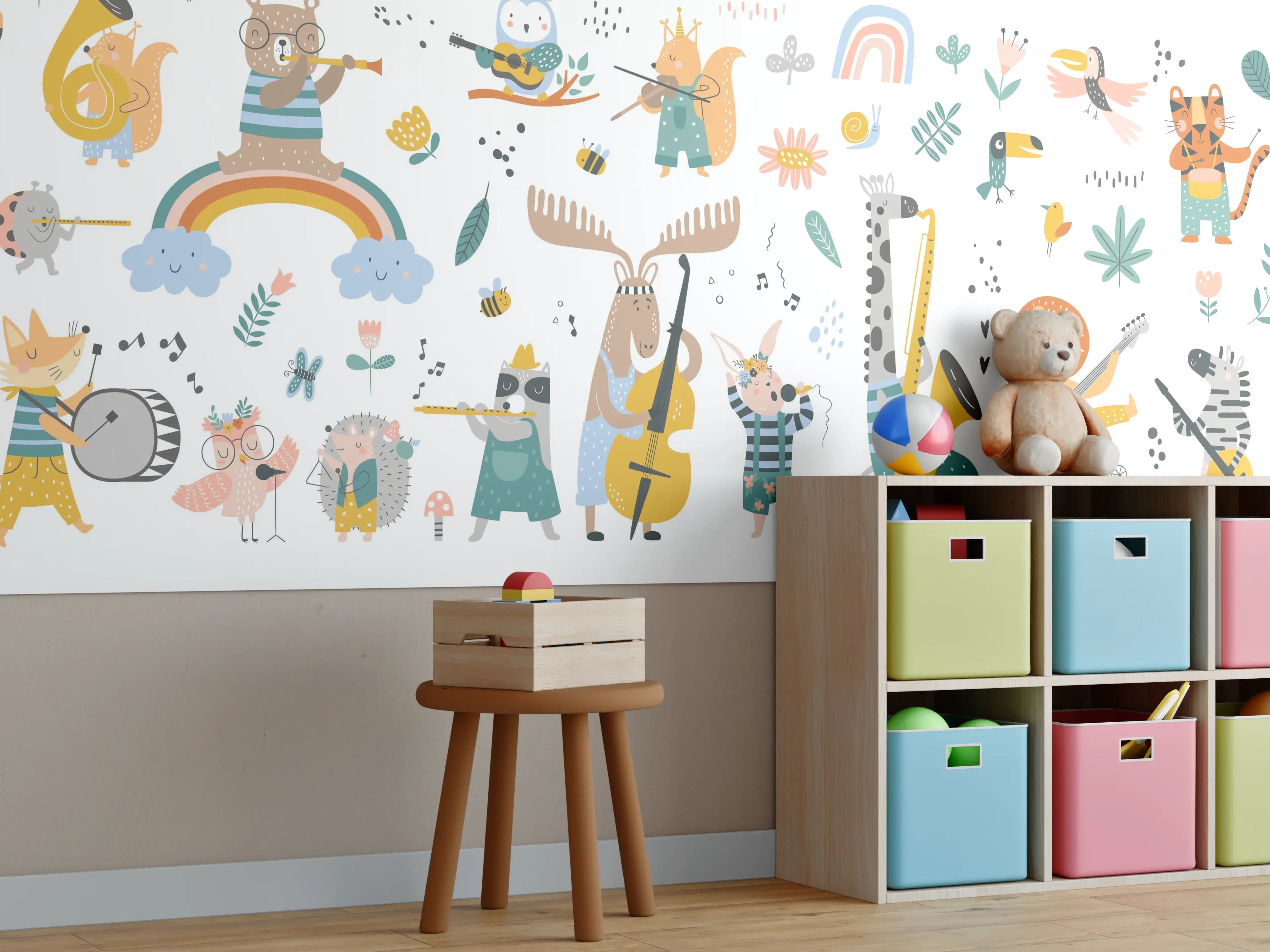 Kinderzimmer Wandgestaltung - Verspielte Tier- und Musikinstrumente-Dekoration