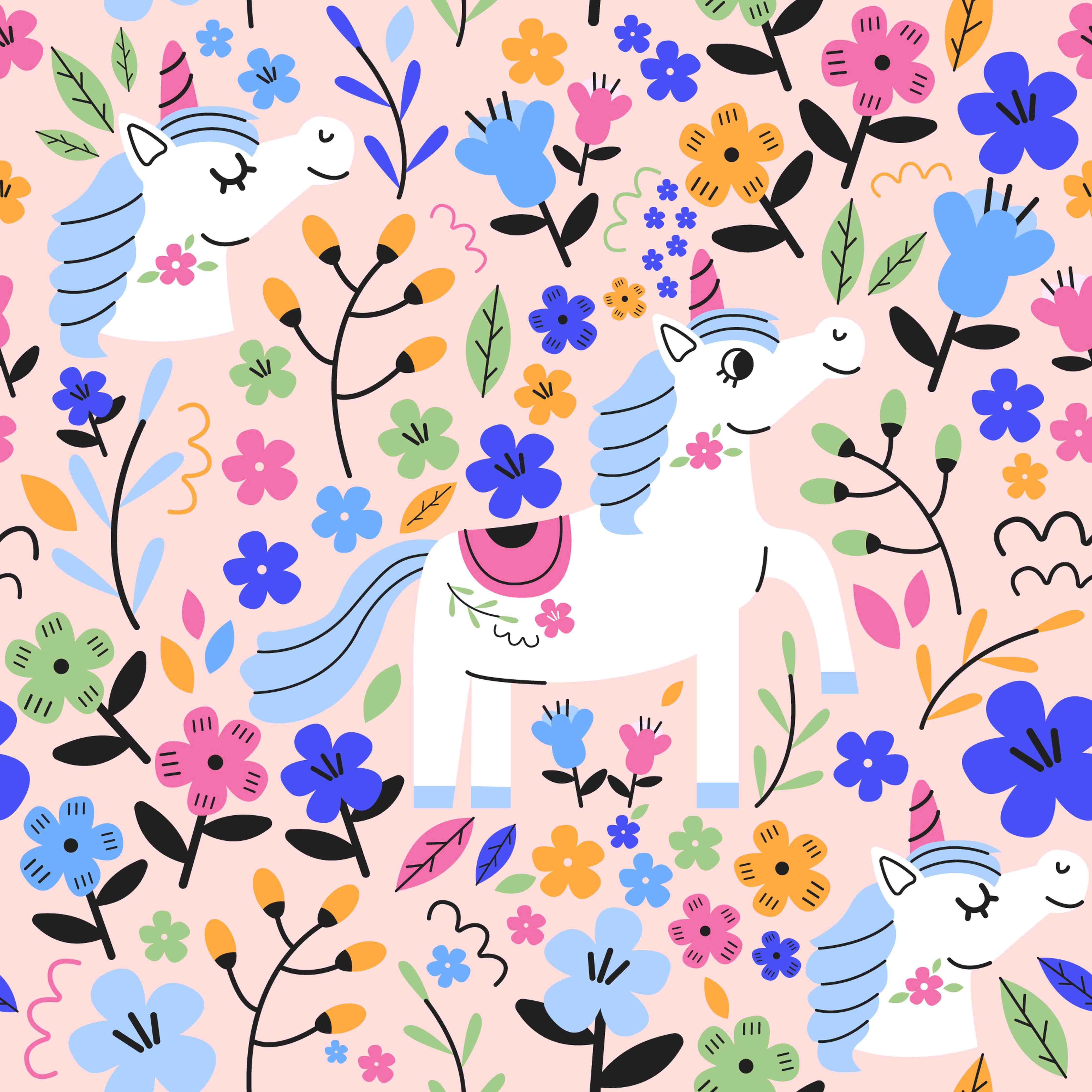 Kinderzimmer Wandgestaltung-Verspieltes Einhorn-Motiv mit bunten Blumen auf rosa Hintergrund