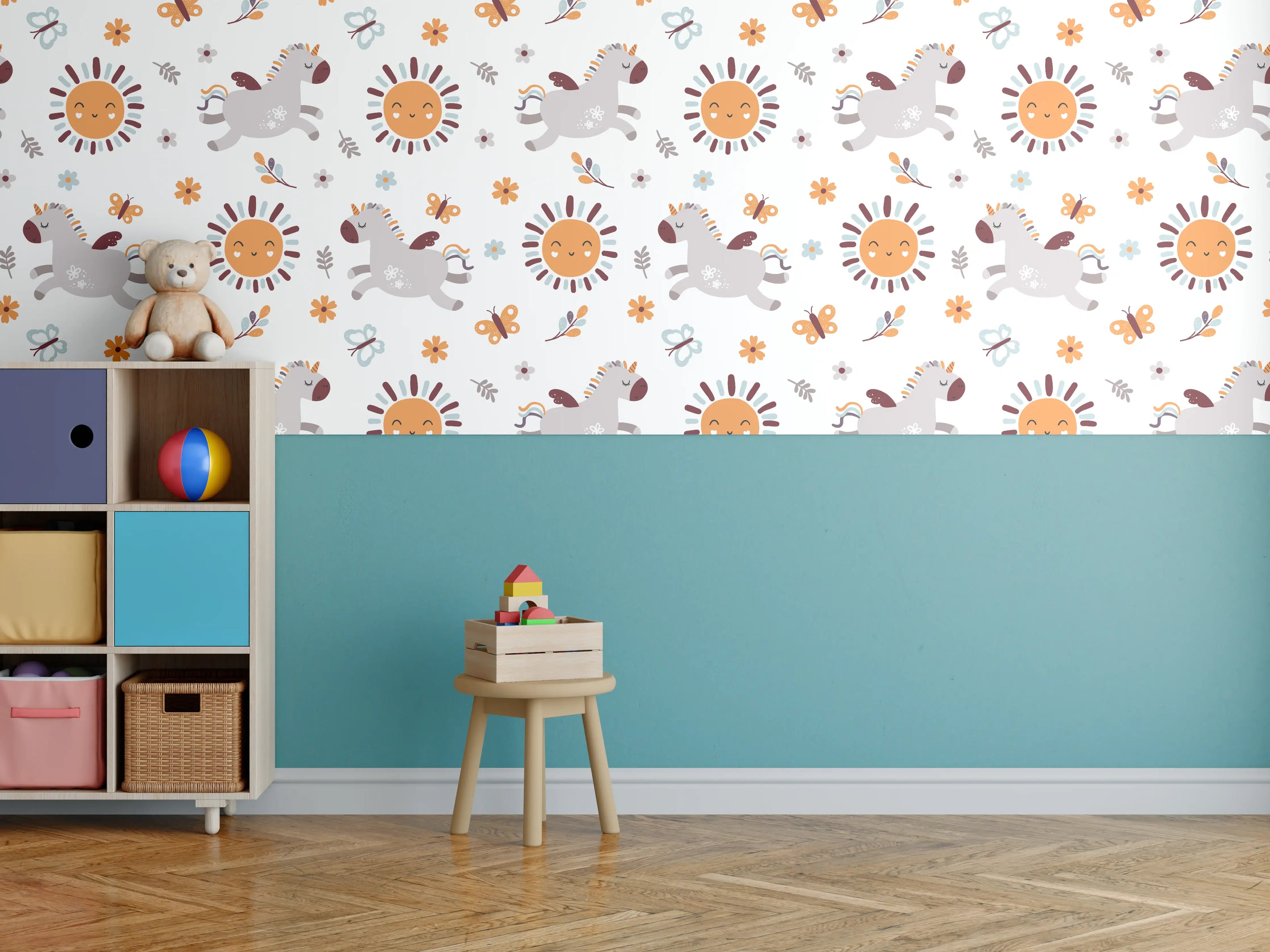 Kinderzimmer Wandgestaltung - Verspieltes Einhorn mit Sonne im Himmel