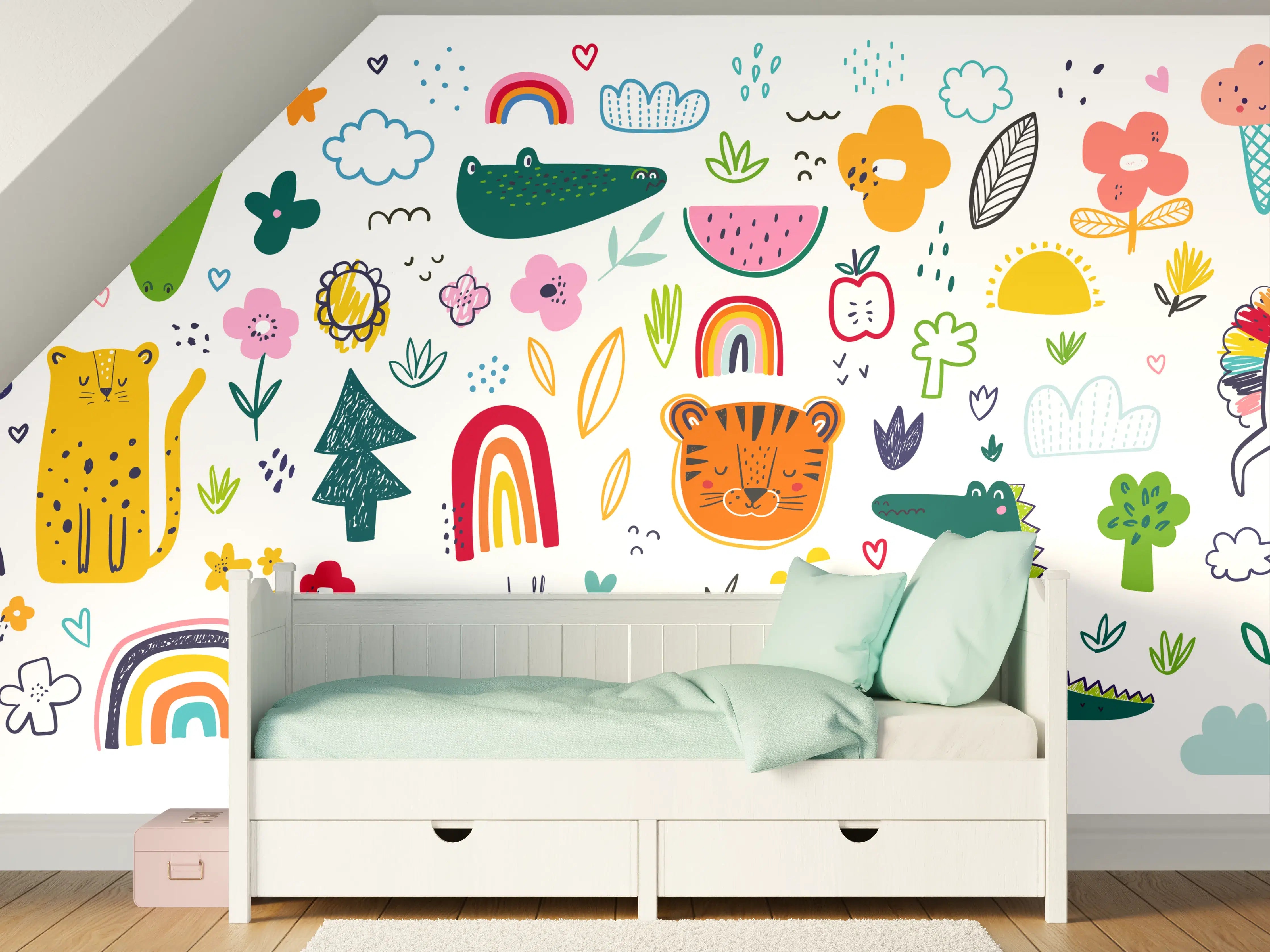 Kinderzimmer Wandgestaltung - Verspieltes Kindermotiv mit bunten Tieren und Regenbögen