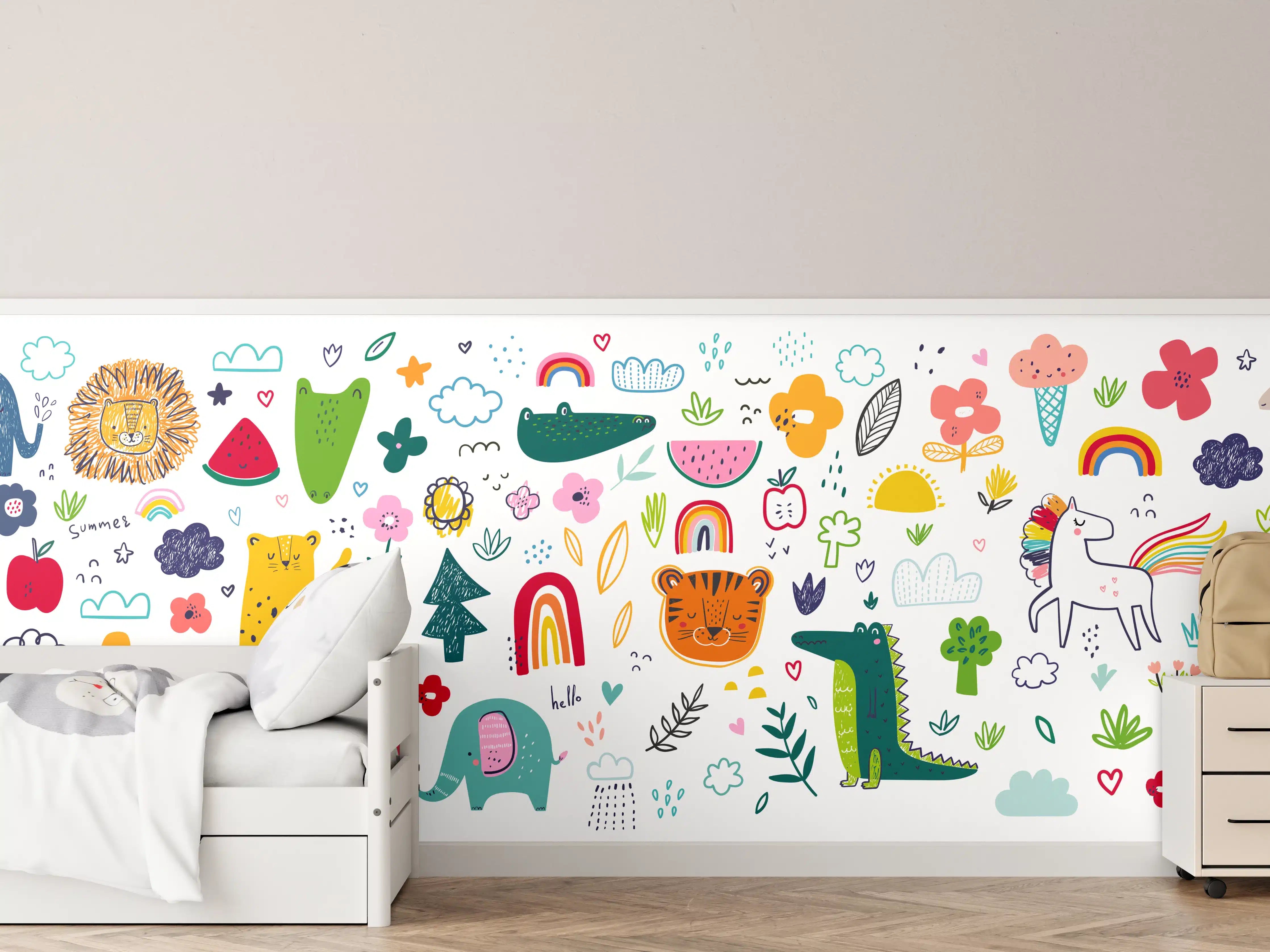 Kinderzimmer Wandgestaltung - Verspieltes Kindermotiv mit bunten Tieren und Regenbögen