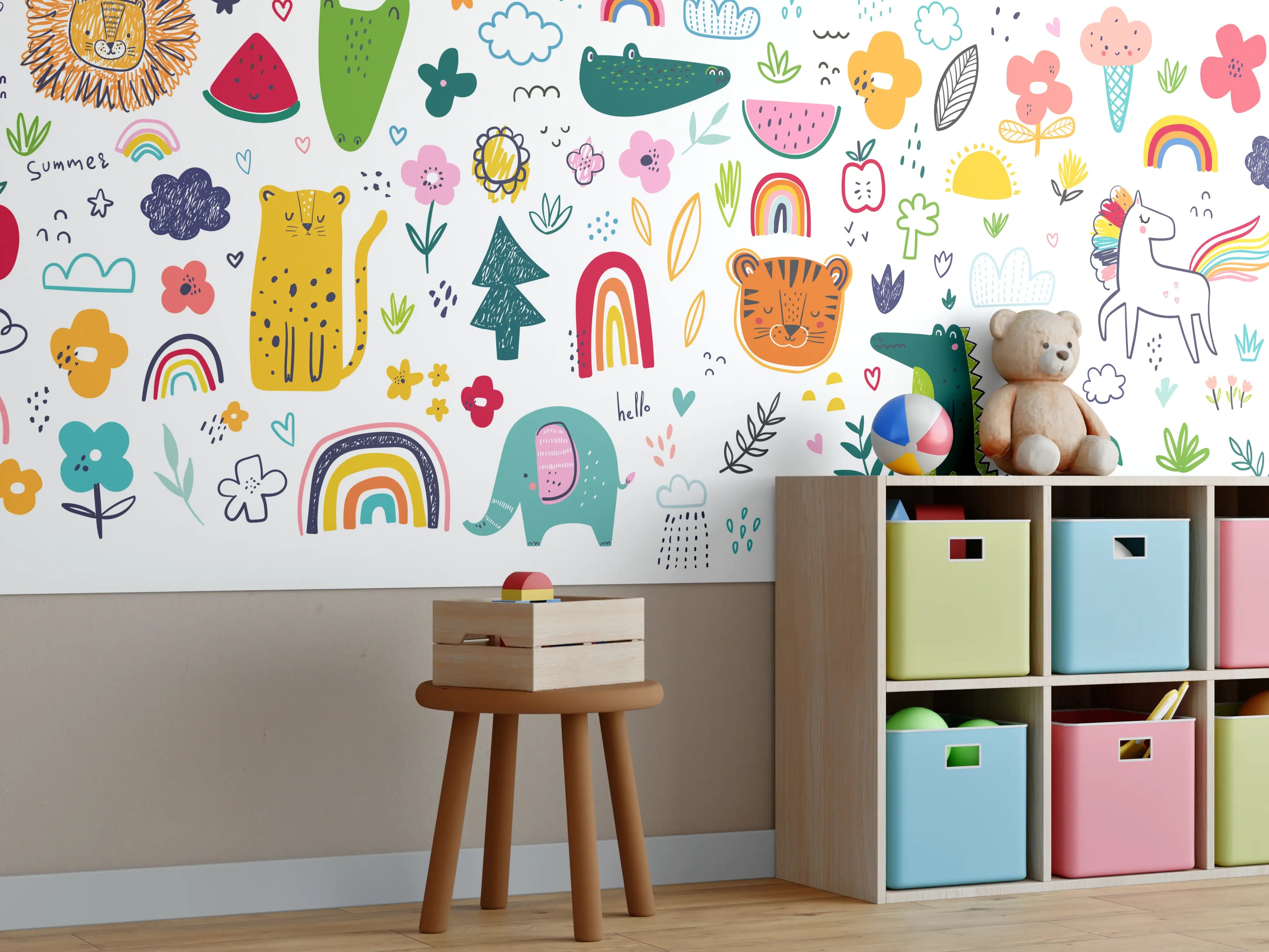 Kinderzimmer Wandgestaltung - Verspieltes Kindermotiv mit bunten Tieren und Regenbögen
