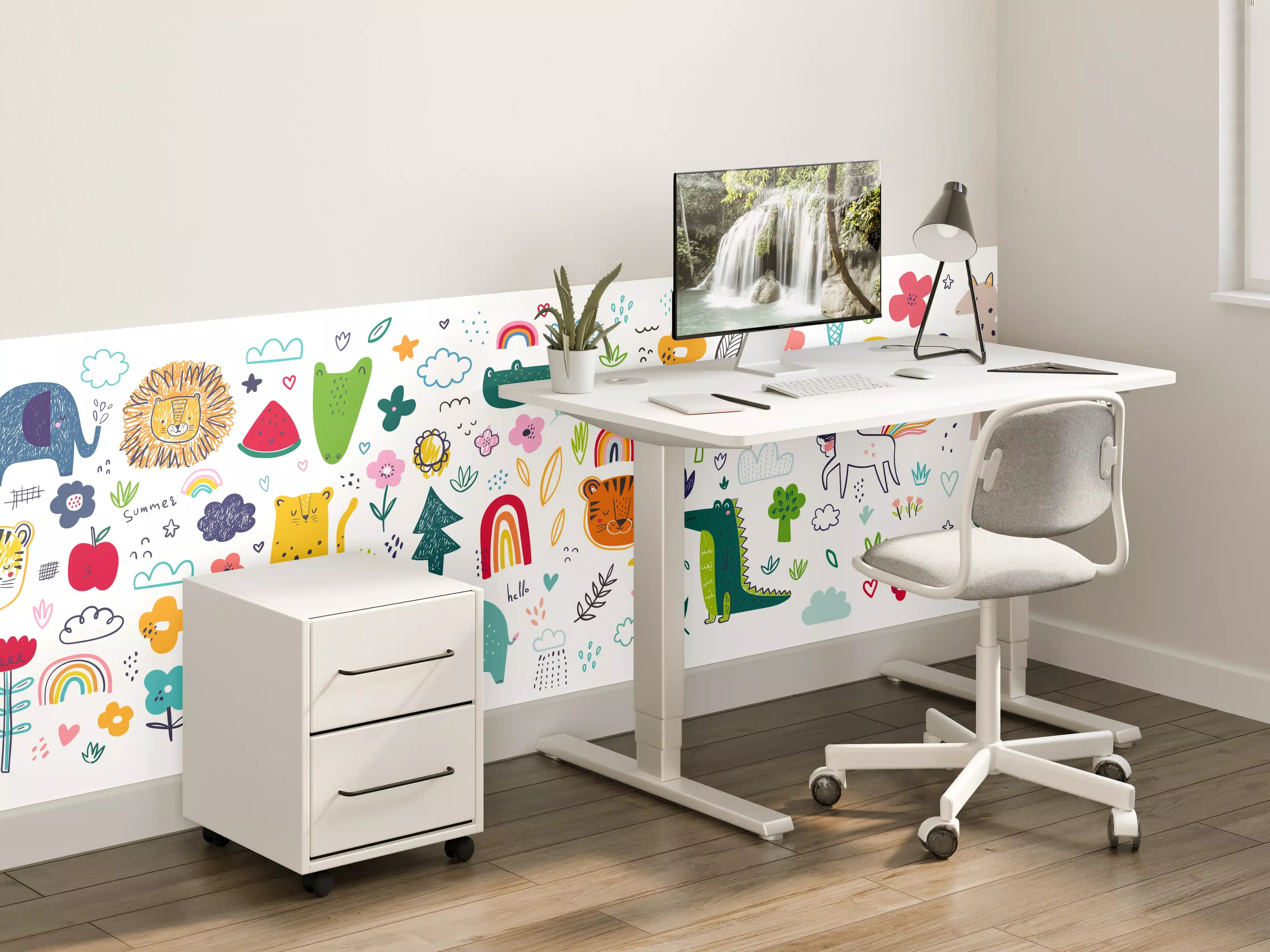 Kinderzimmer Wandgestaltung - Verspieltes Kindermotiv mit bunten Tieren und Regenbögen