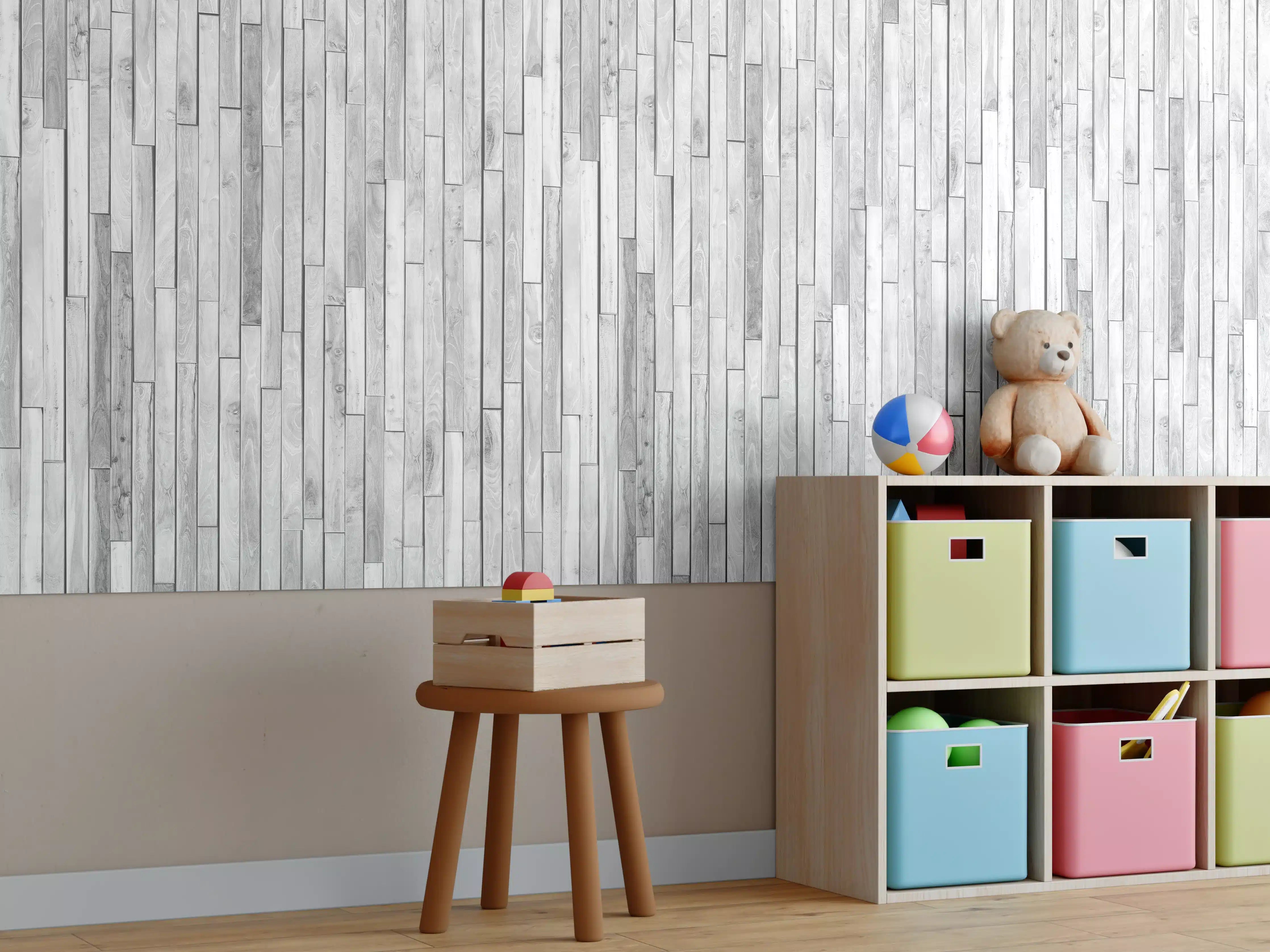 Kinderzimmer Wandgestaltung - Vertikale weiße kleine Kiefernholzstücke