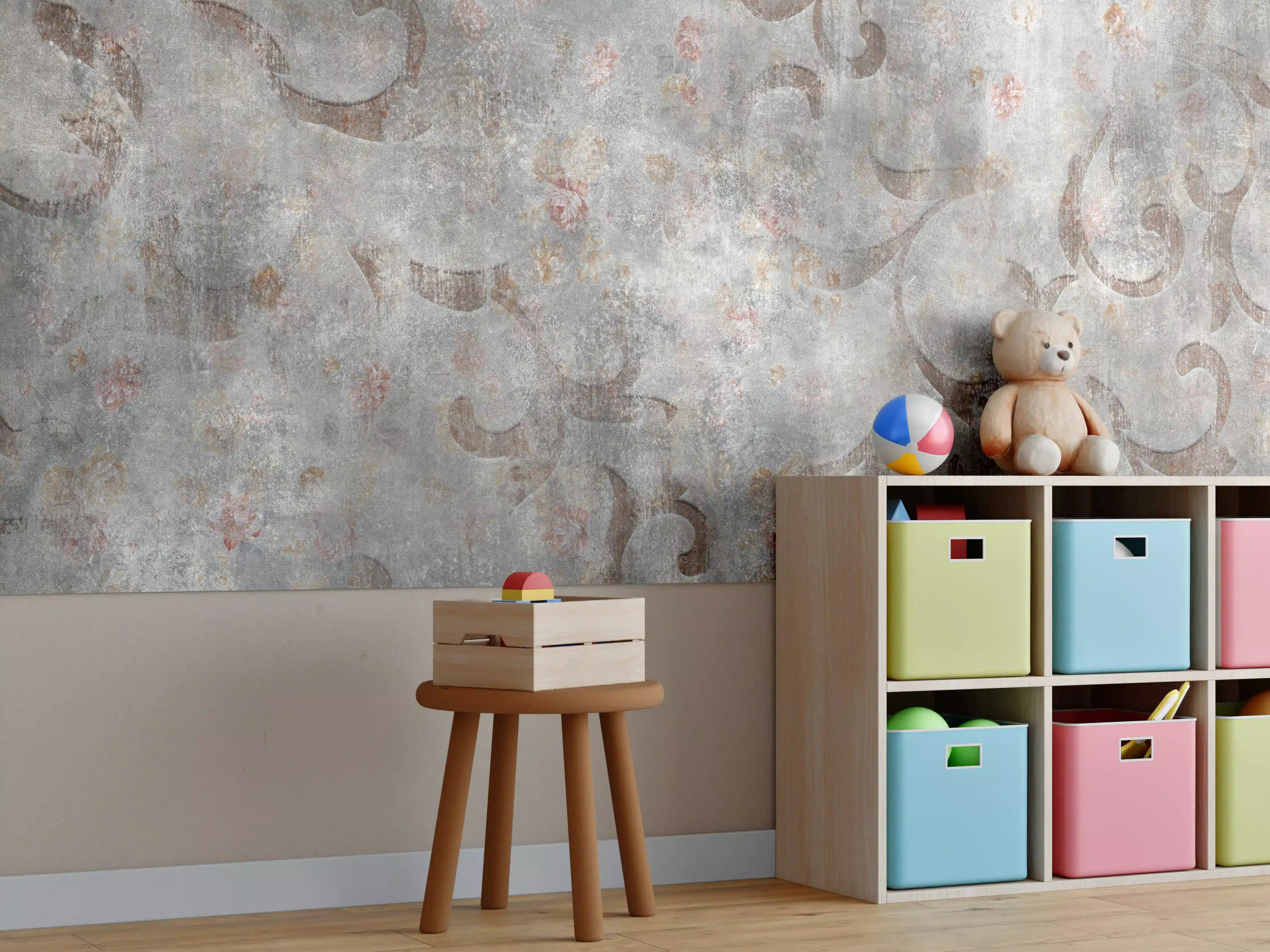Kinderzimmer Wandgestaltung - Verwitterte Betonwand mit eleganten Mustern