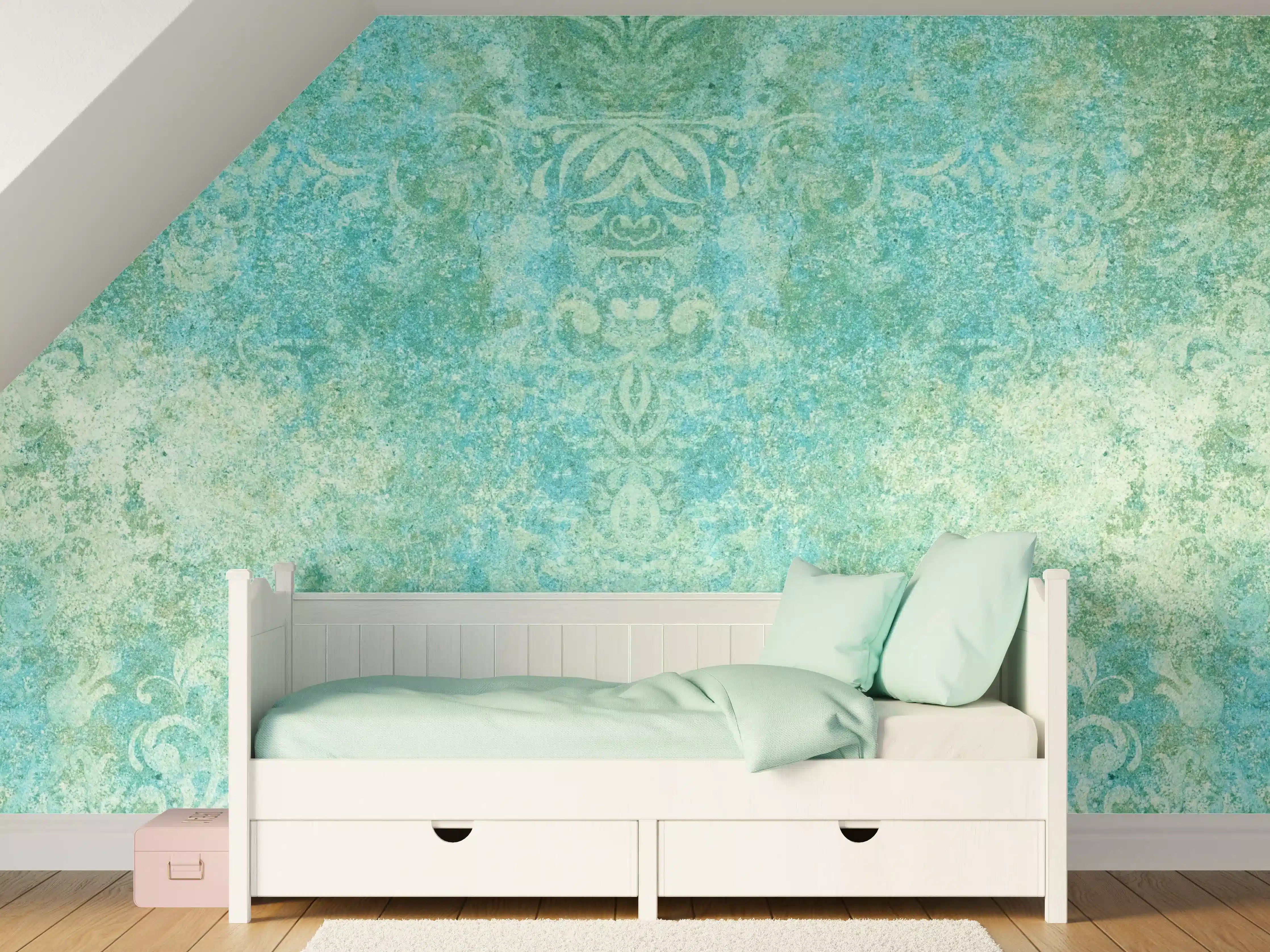 Kinderzimmer Wandgestaltung - Verwitterte blaue Wand mit grünen Akzenten