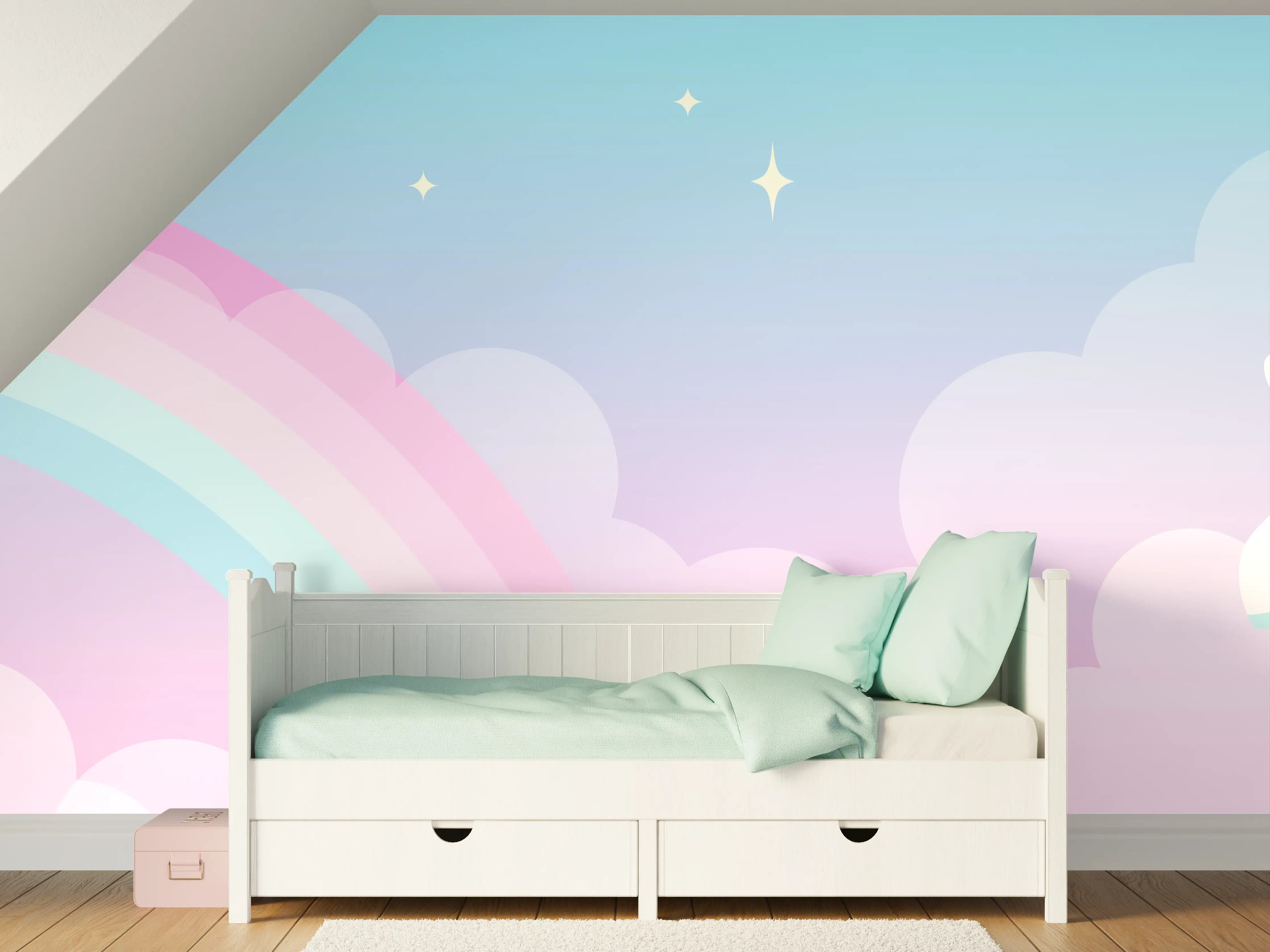 Kinderzimmer Wandgestaltung - Verzauberter Einhornhimmel in Grau und Regenbogen