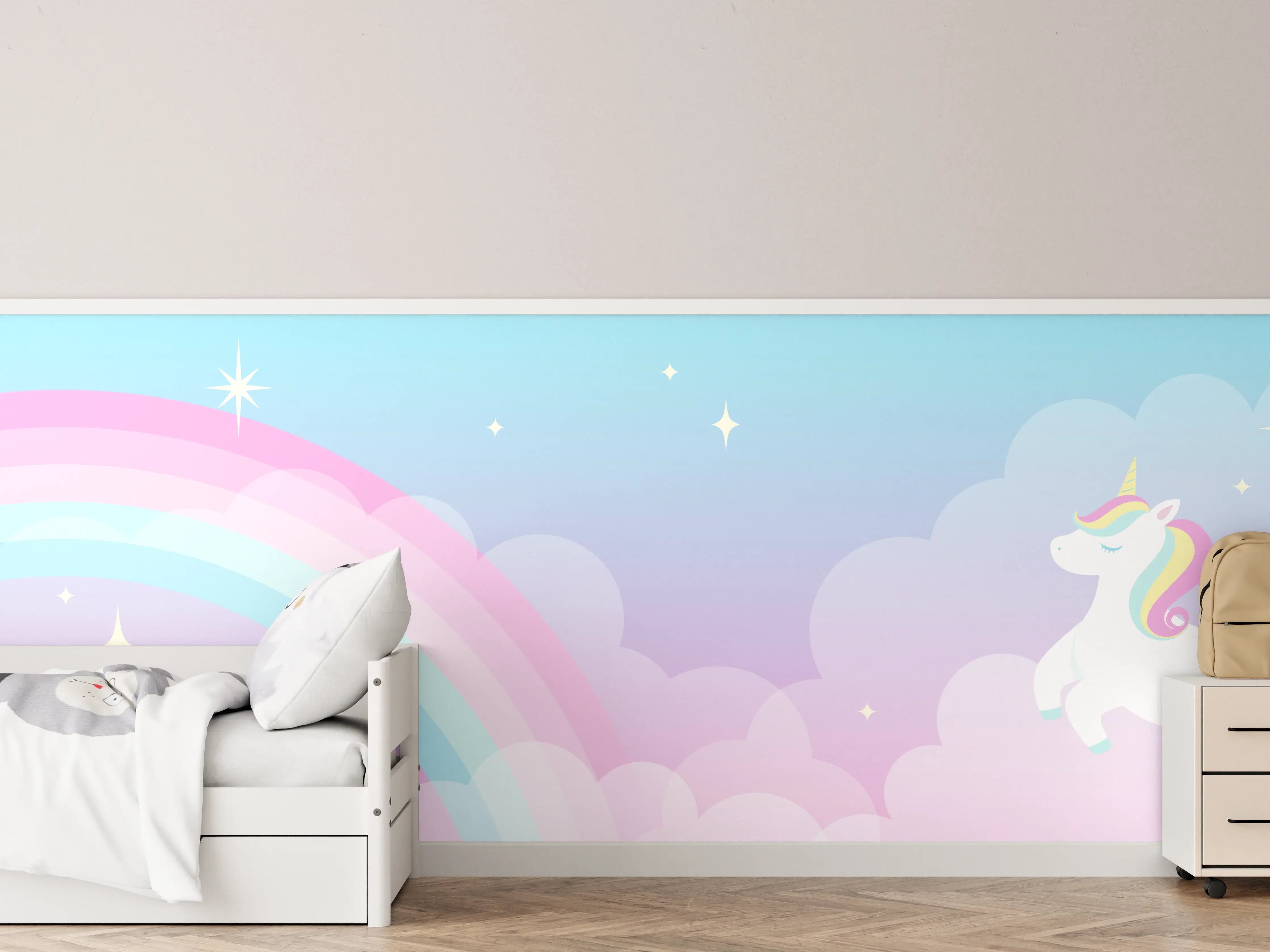 Kinderzimmer Wandgestaltung - Verzauberter Einhornhimmel in Grau und Regenbogen