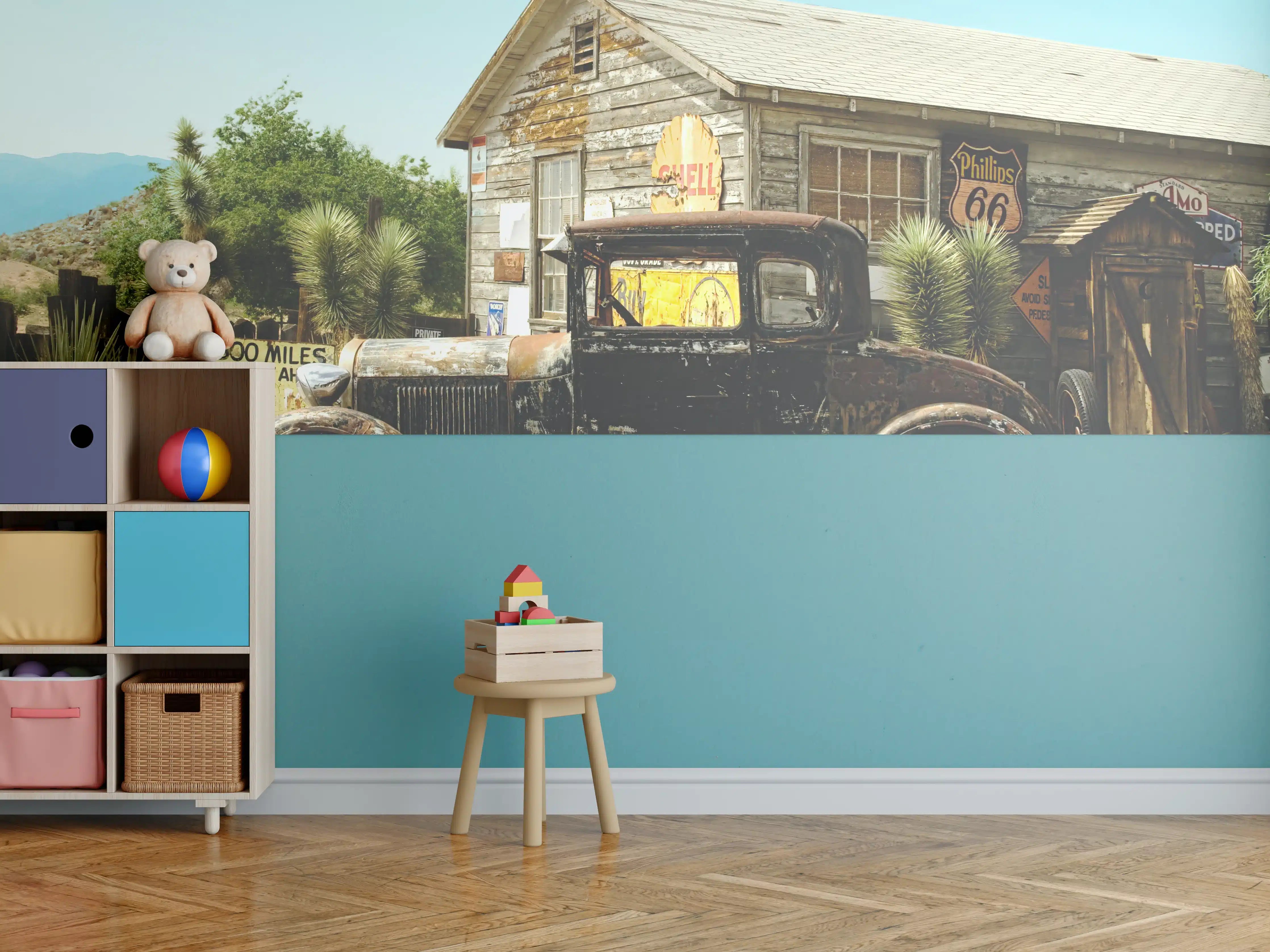 Kinderzimmer Wandgestaltung - Vintage-Auto vor Retro-Tankstelle