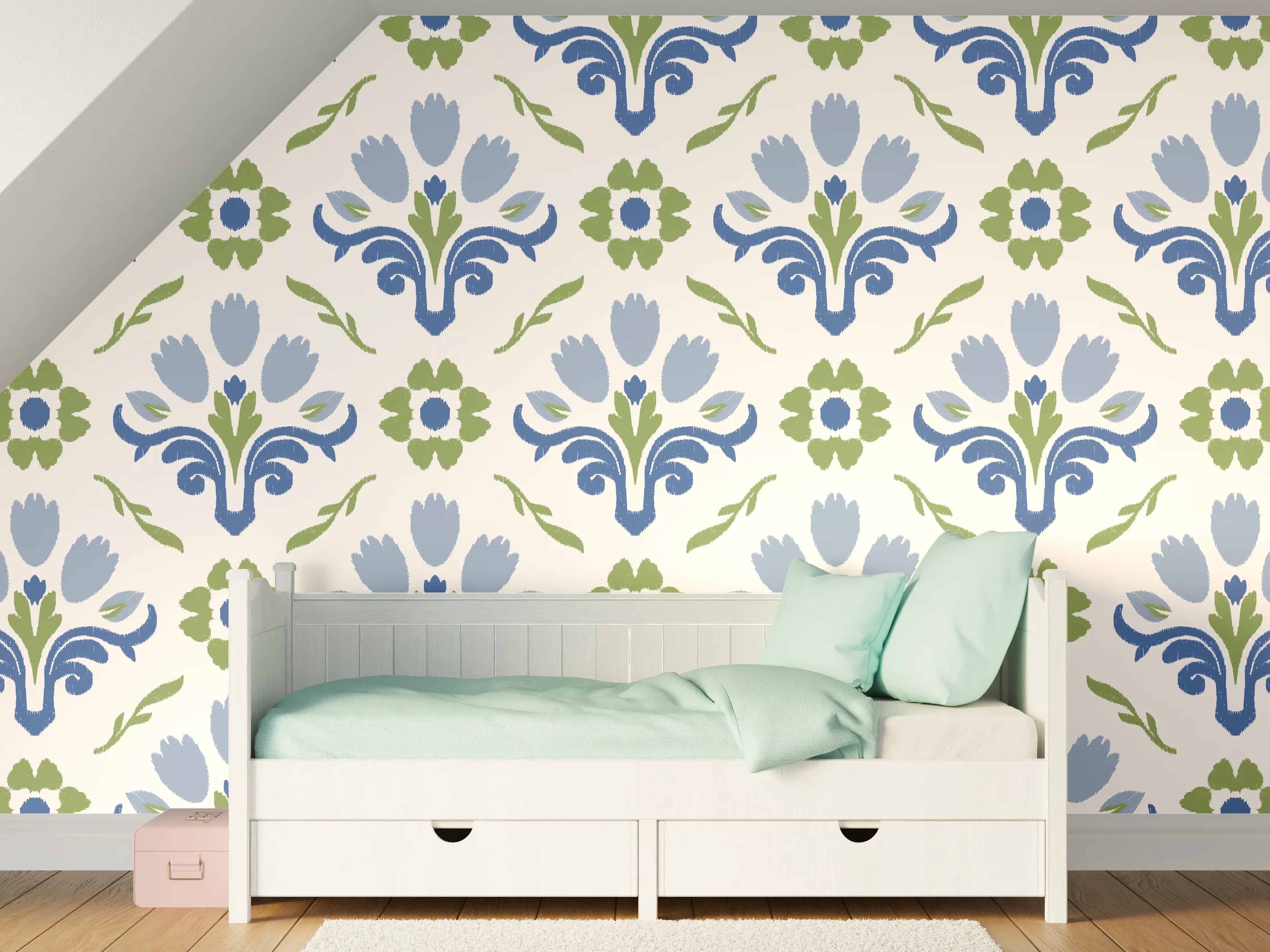 Kinderzimmer Wandgestaltung - Vintage Bloom Blau-Grün Tapete