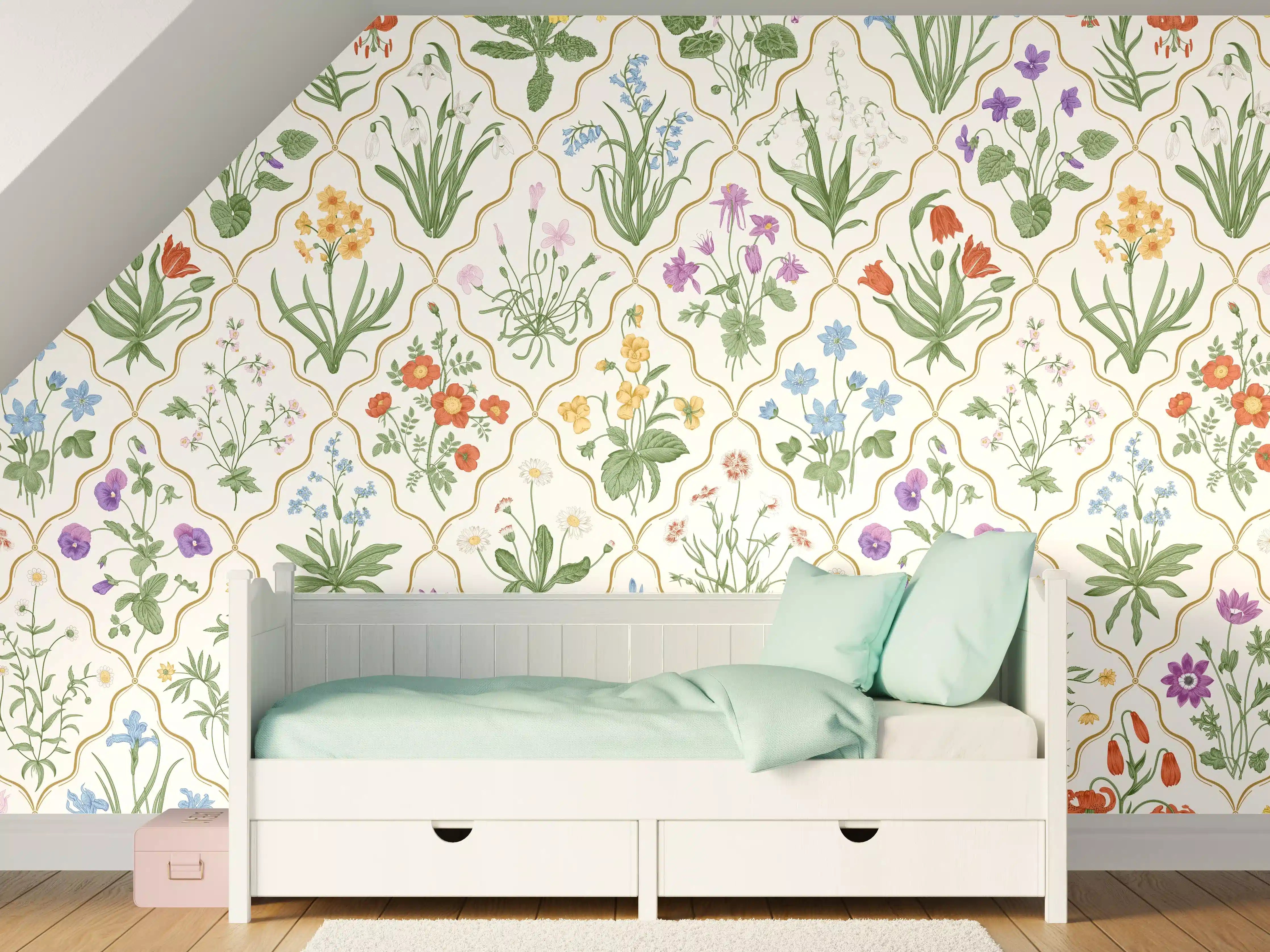 Kinderzimmer Wandgestaltung - Vintage Bloom Blumen-Tapete Beige-Grün