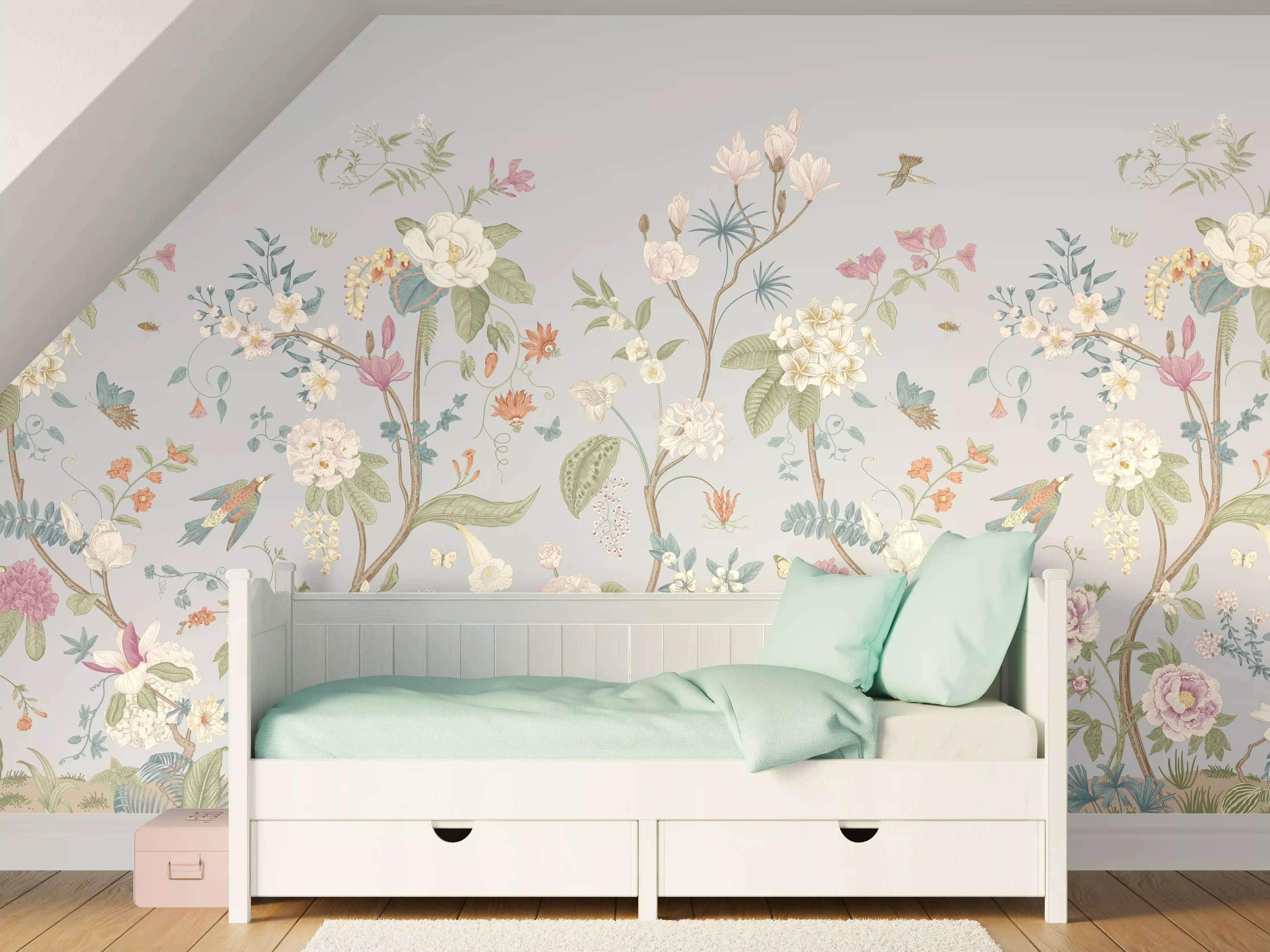 Kinderzimmer Wandgestaltung - Vintage Bloom Blumenbordüre Grau-Rosa