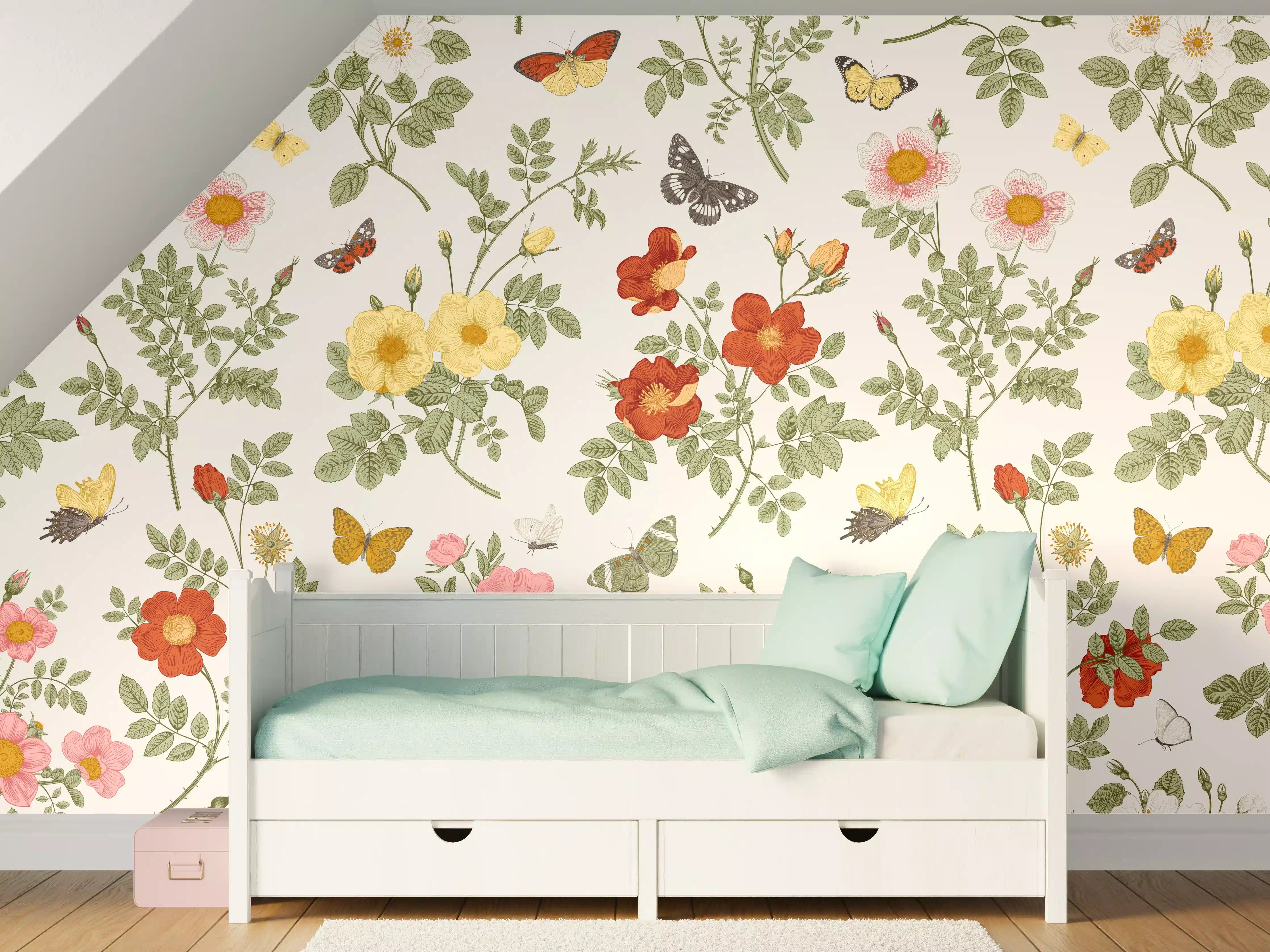 Kinderzimmer Wandgestaltung - Vintage Bloom Blumenmuster Rosa-Beige