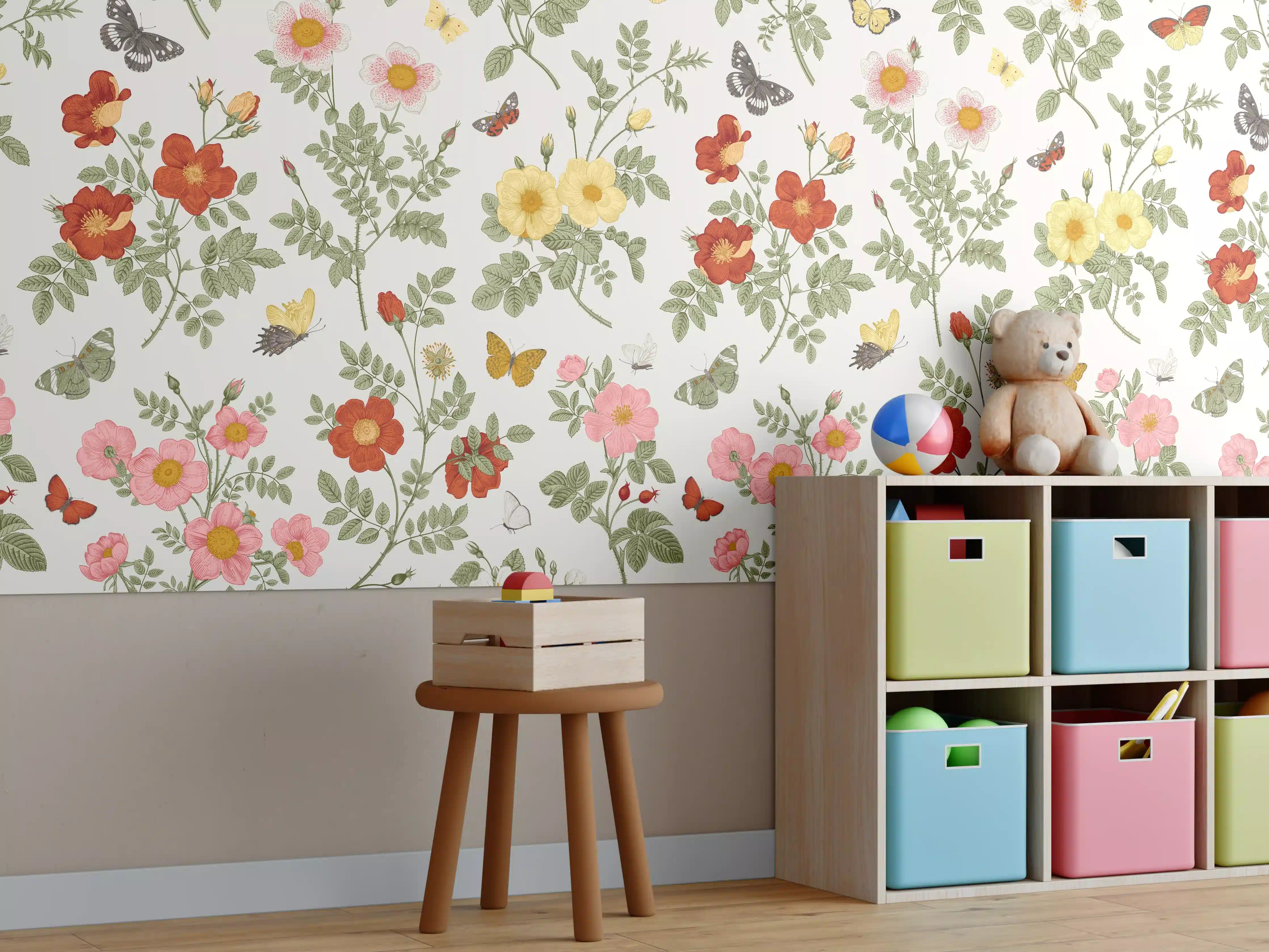 Kinderzimmer Wandgestaltung - Vintage Bloom Blumenmuster Rosa-Beige