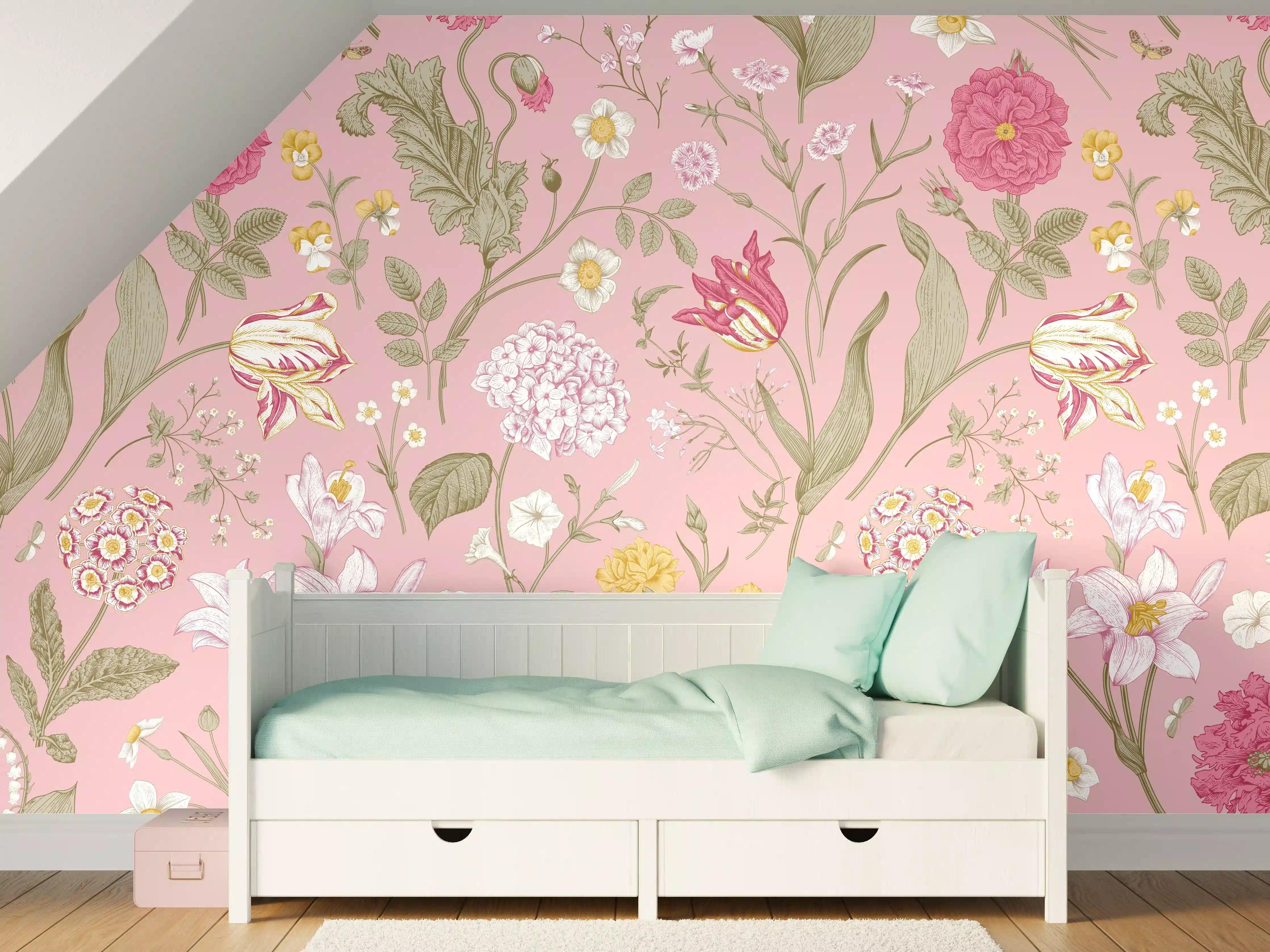 Kinderzimmer Wandgestaltung - Vintage Bloom Rosa Blumenmuster