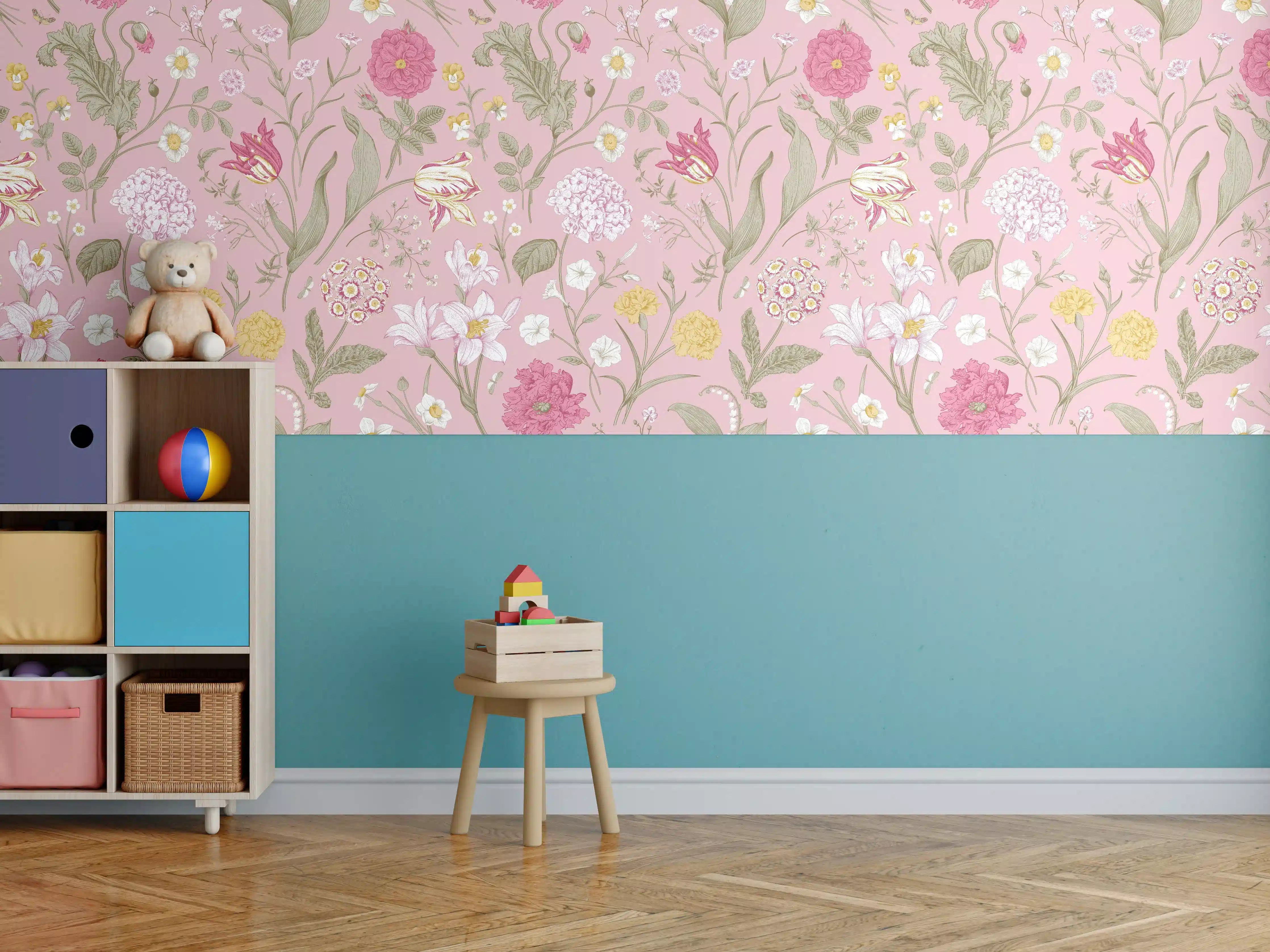 Kinderzimmer Wandgestaltung - Vintage Bloom Rosa Blumenmuster