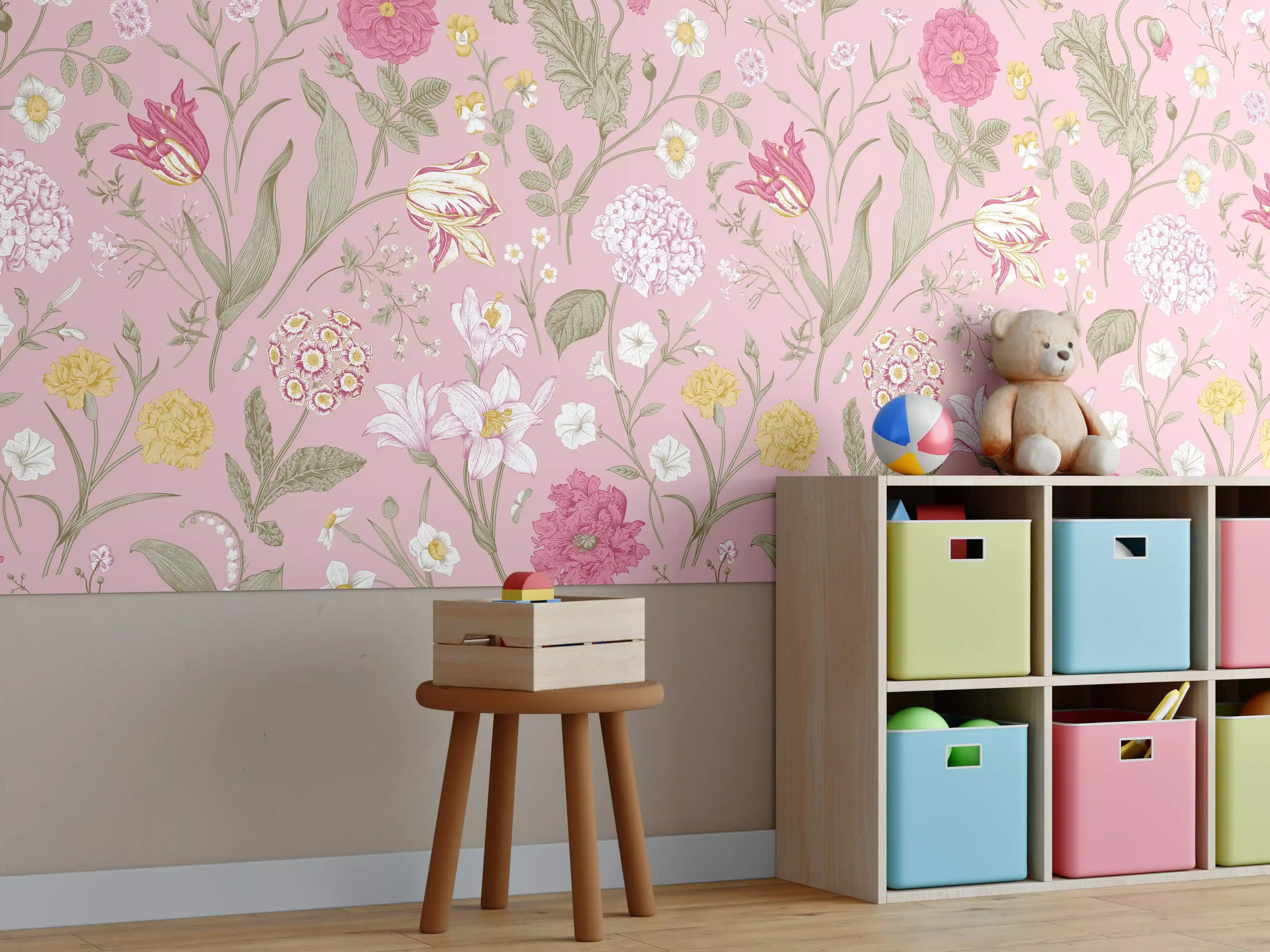 Kinderzimmer Wandgestaltung - Vintage Bloom Rosa Blumenmuster