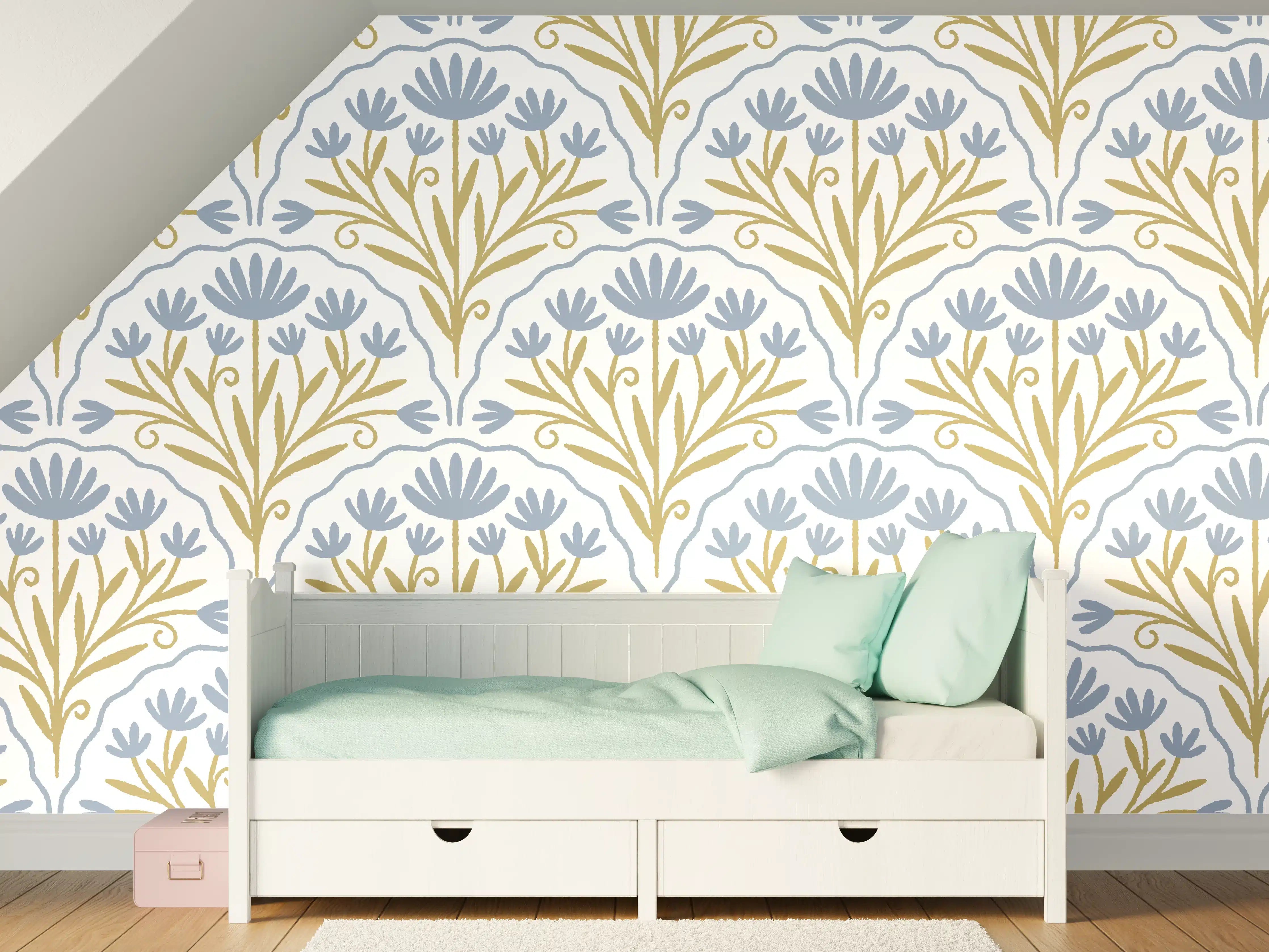Kinderzimmer Wandgestaltung - Vintage Bloom Tapete Blau-Weiß