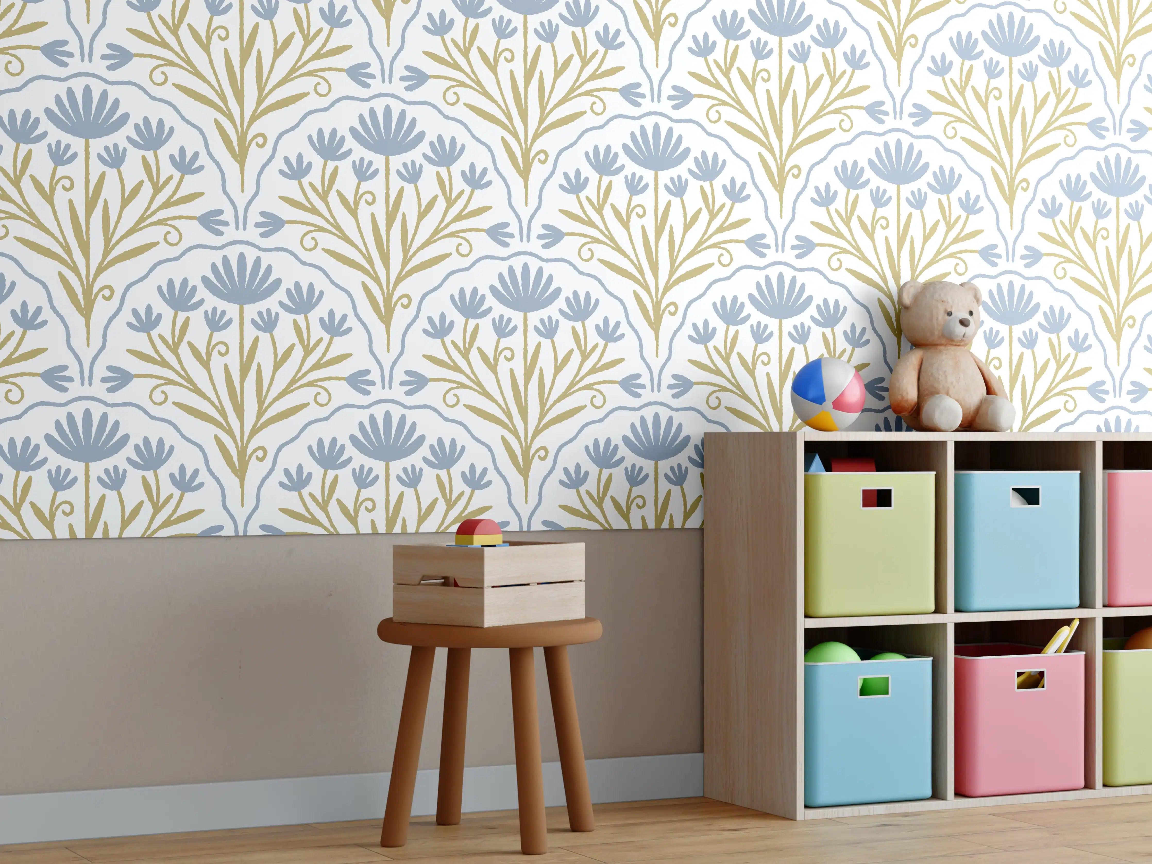 Kinderzimmer Wandgestaltung - Vintage Bloom Tapete Blau-Weiß