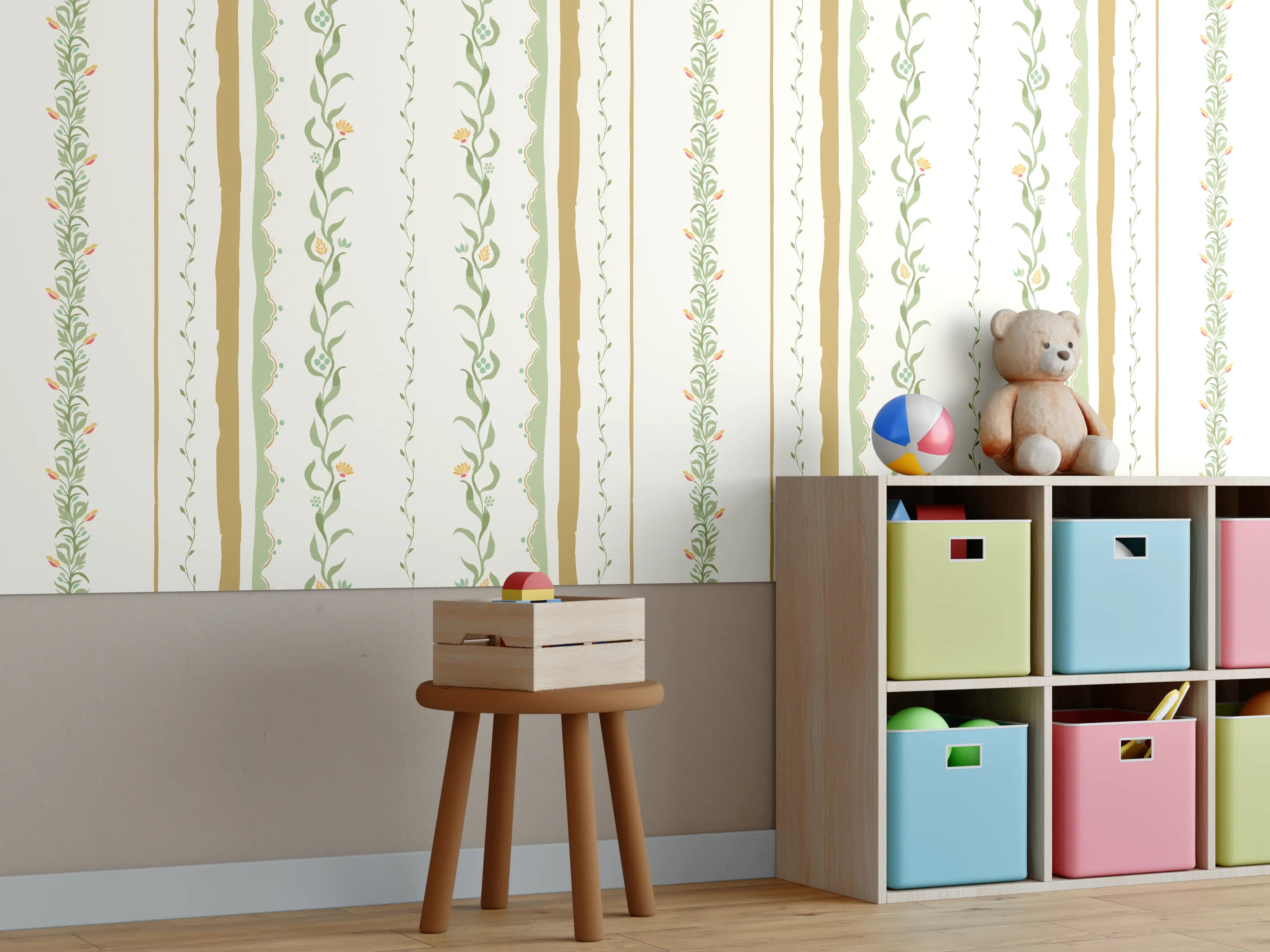 Kinderzimmer Wandgestaltung - Vintage-Blumen Tapete Beige-Grün
