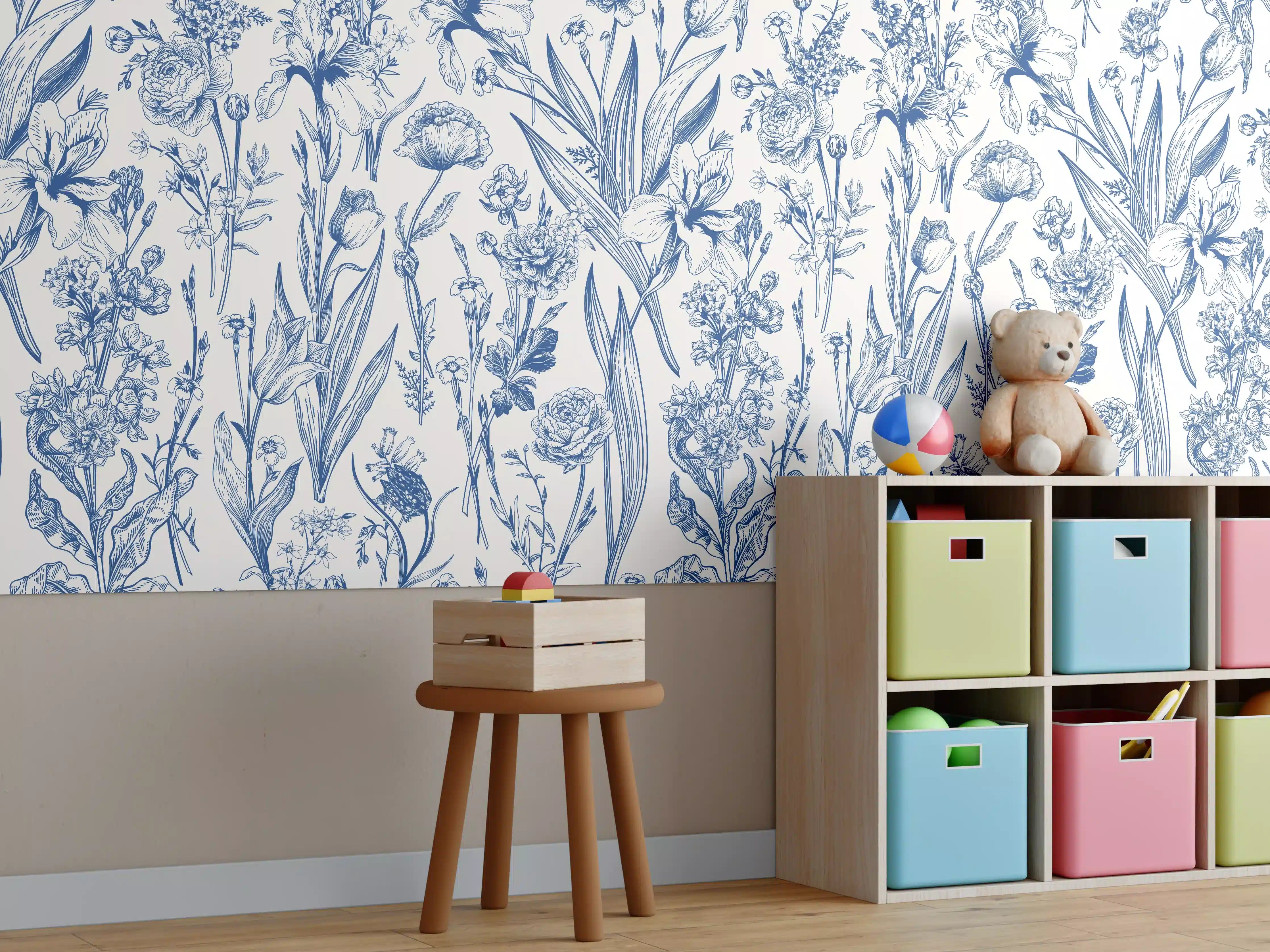 Kinderzimmer Wandgestaltung - Vintage-Blumenmuster Azurblau