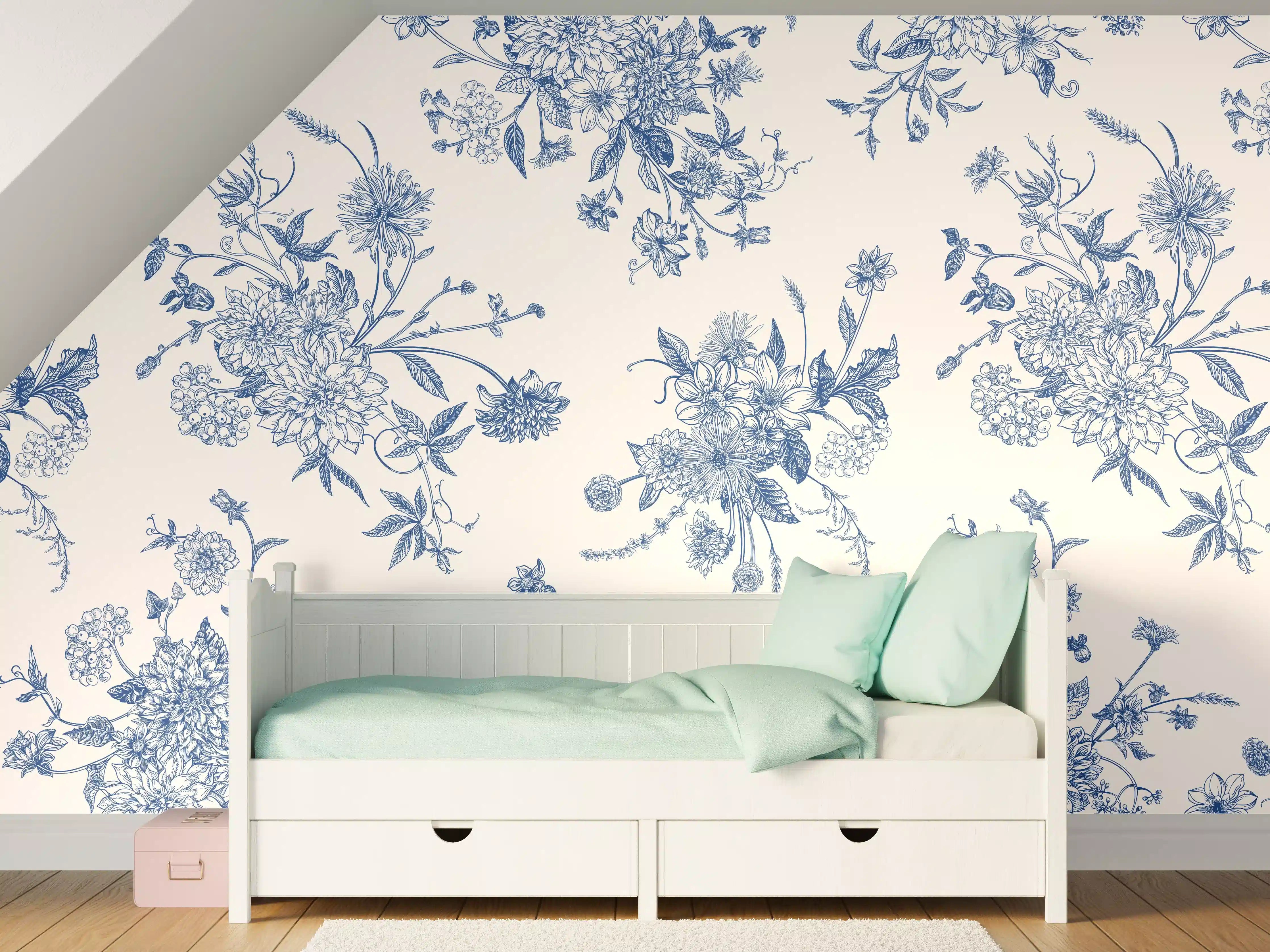 Kinderzimmer Wandgestaltung - Vintage-Blumenmuster Blau-Weiß