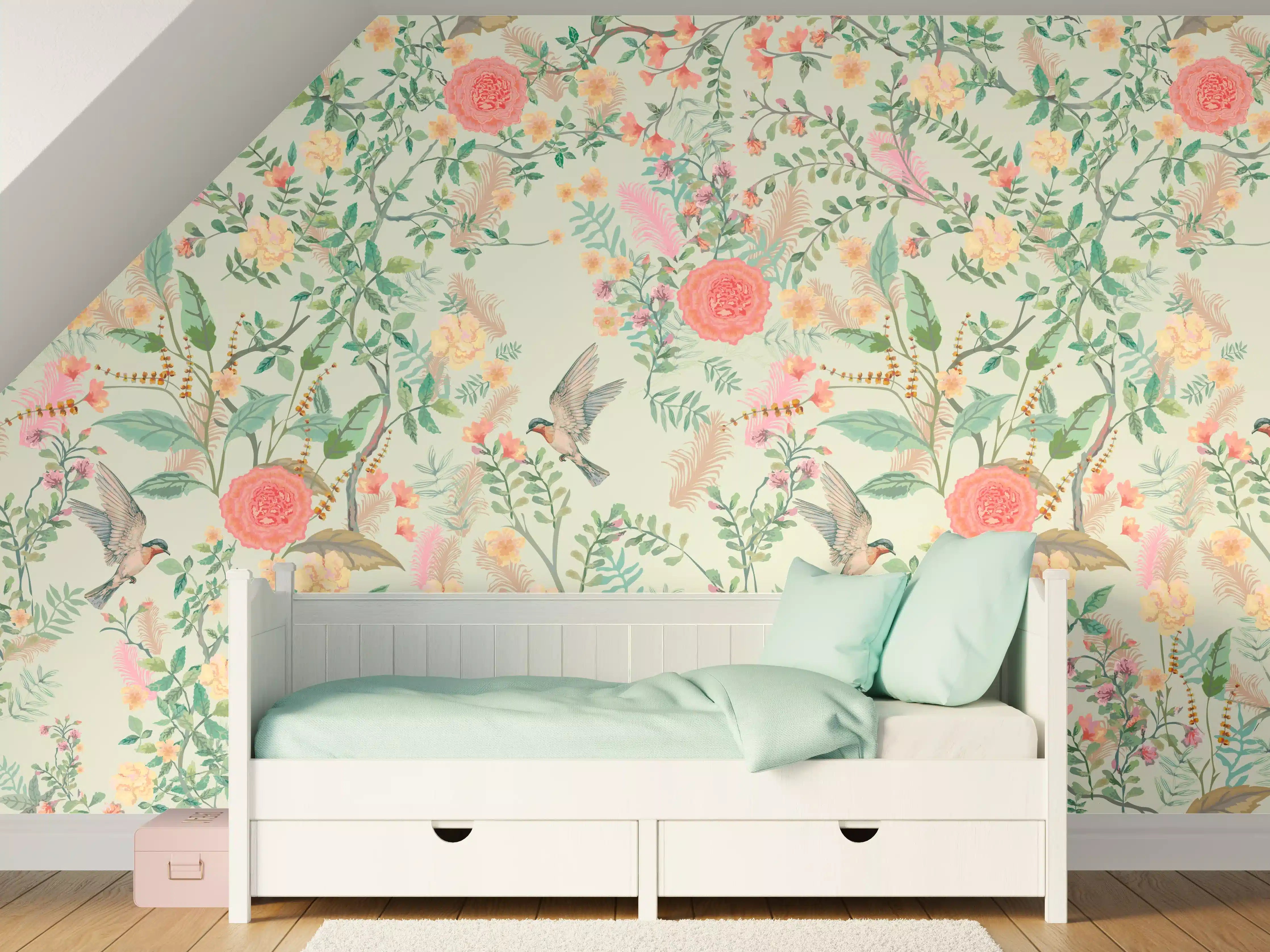 Kinderzimmer Wandgestaltung - Vintage-Blumenmuster Grün-Rosa