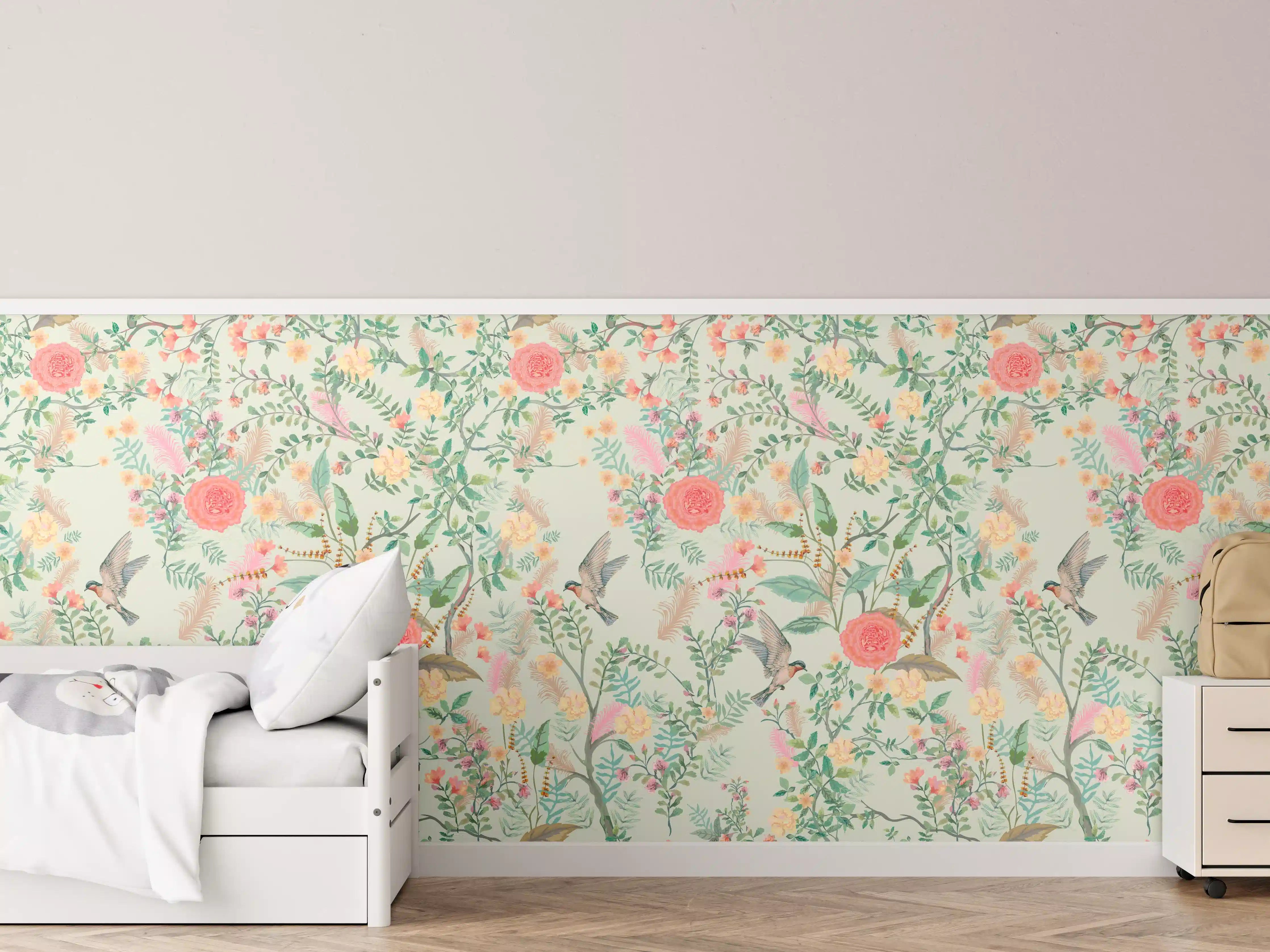 Kinderzimmer Wandgestaltung - Vintage-Blumenmuster Grün-Rosa