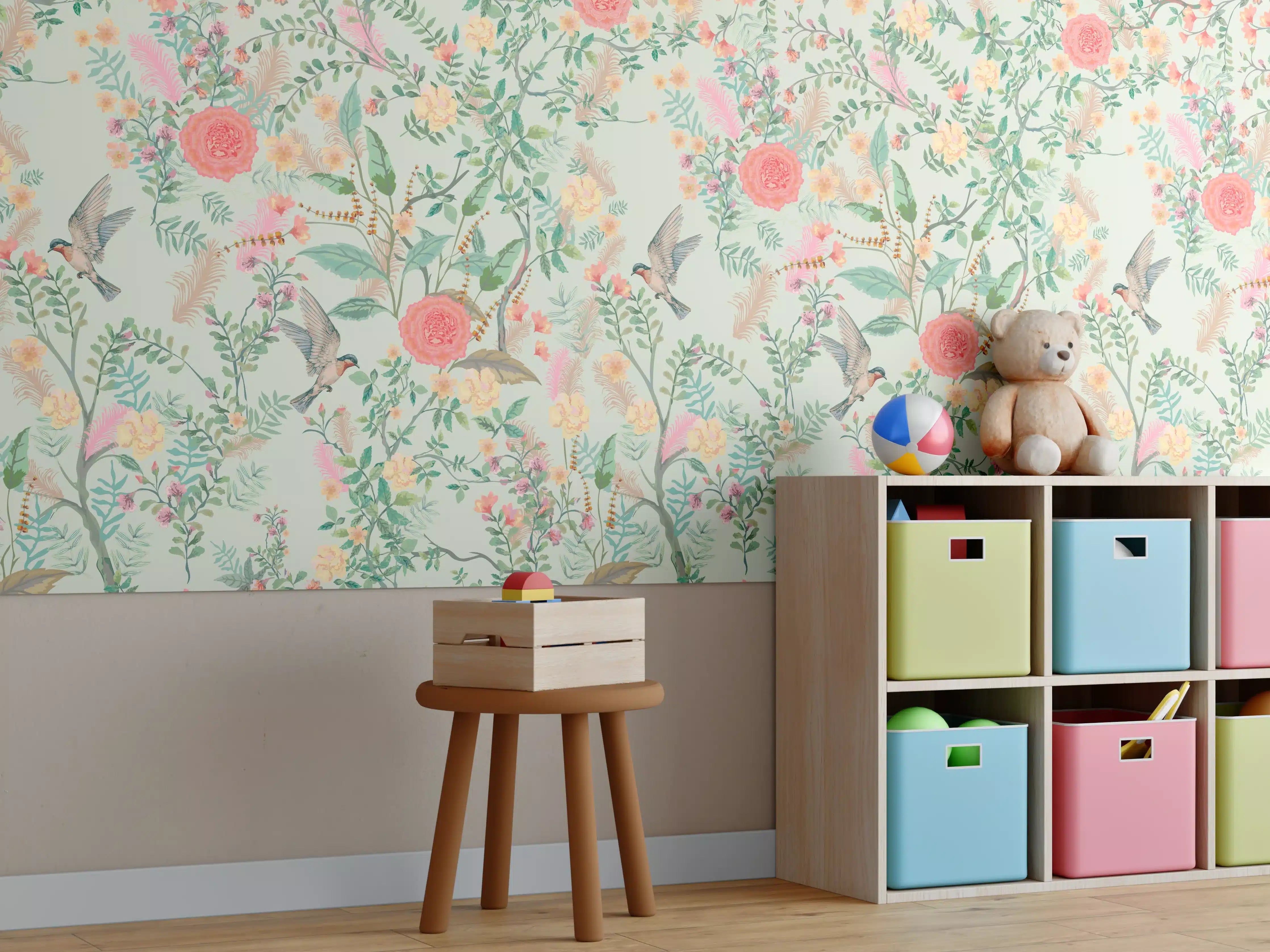 Kinderzimmer Wandgestaltung - Vintage-Blumenmuster Grün-Rosa