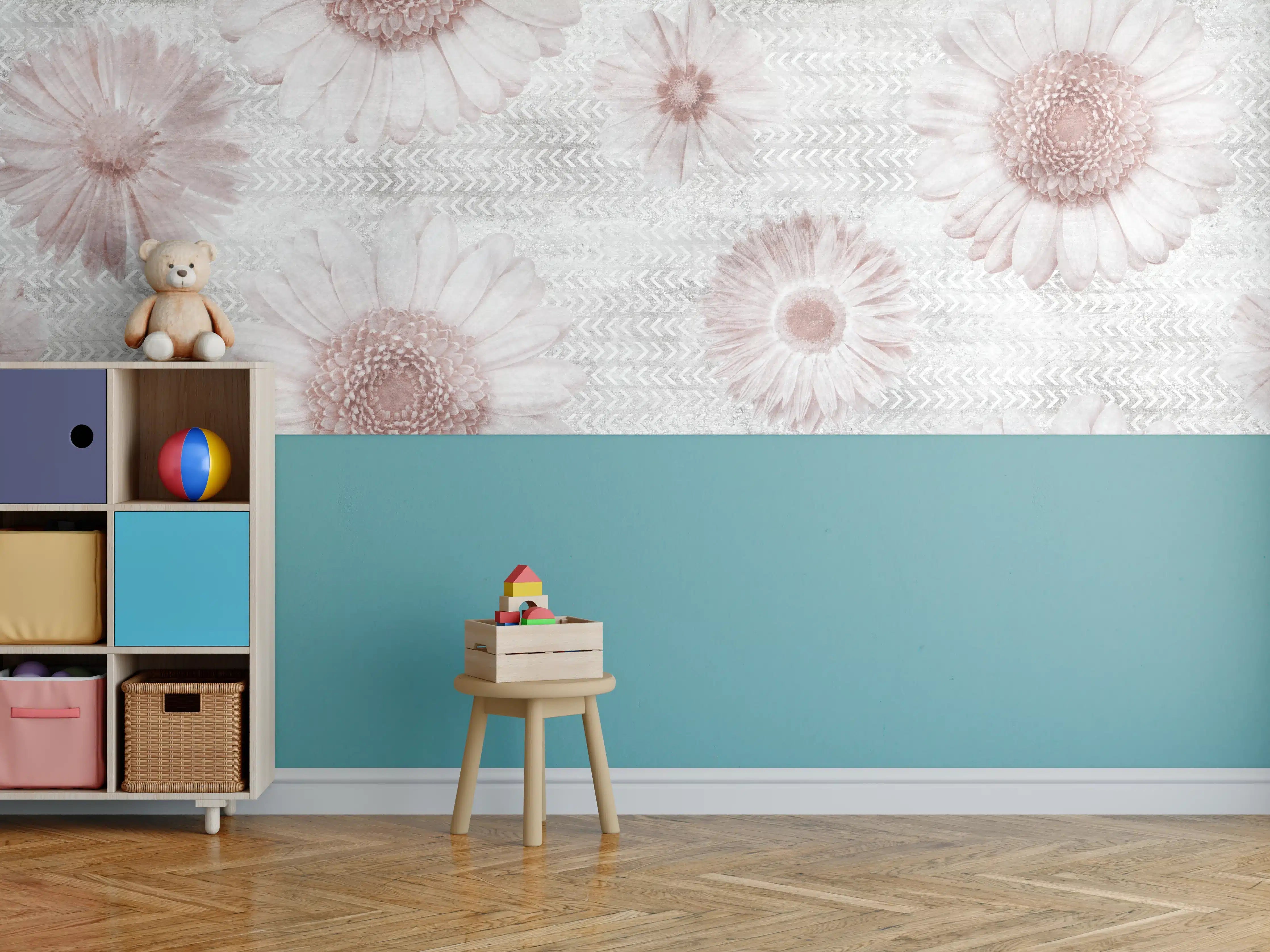 Kinderzimmer Wandgestaltung - Vintage Blumenmuster auf Weiß