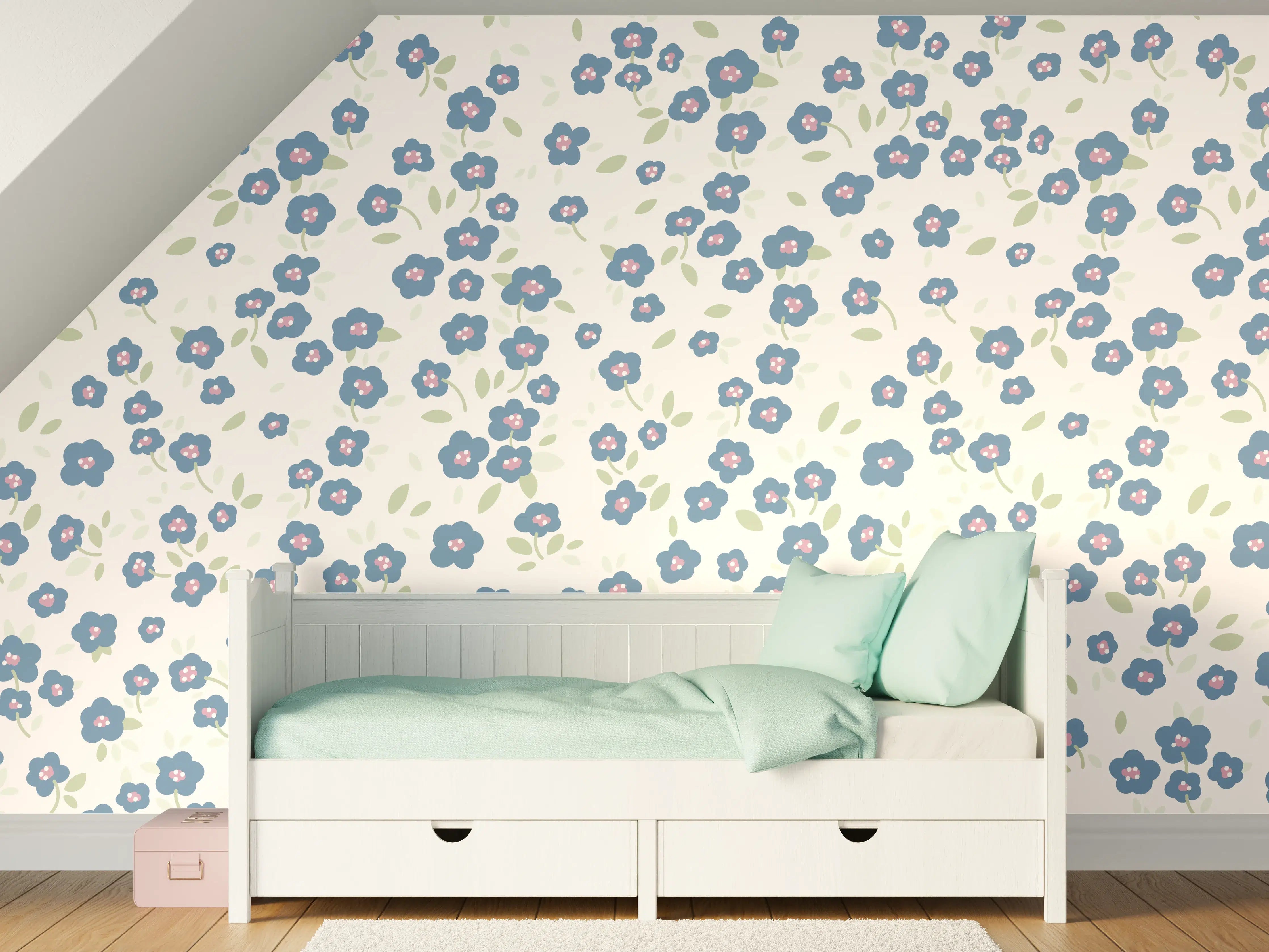 Kinderzimmer Wandgestaltung - Vintage Ditsy Blumen Blau-Beige