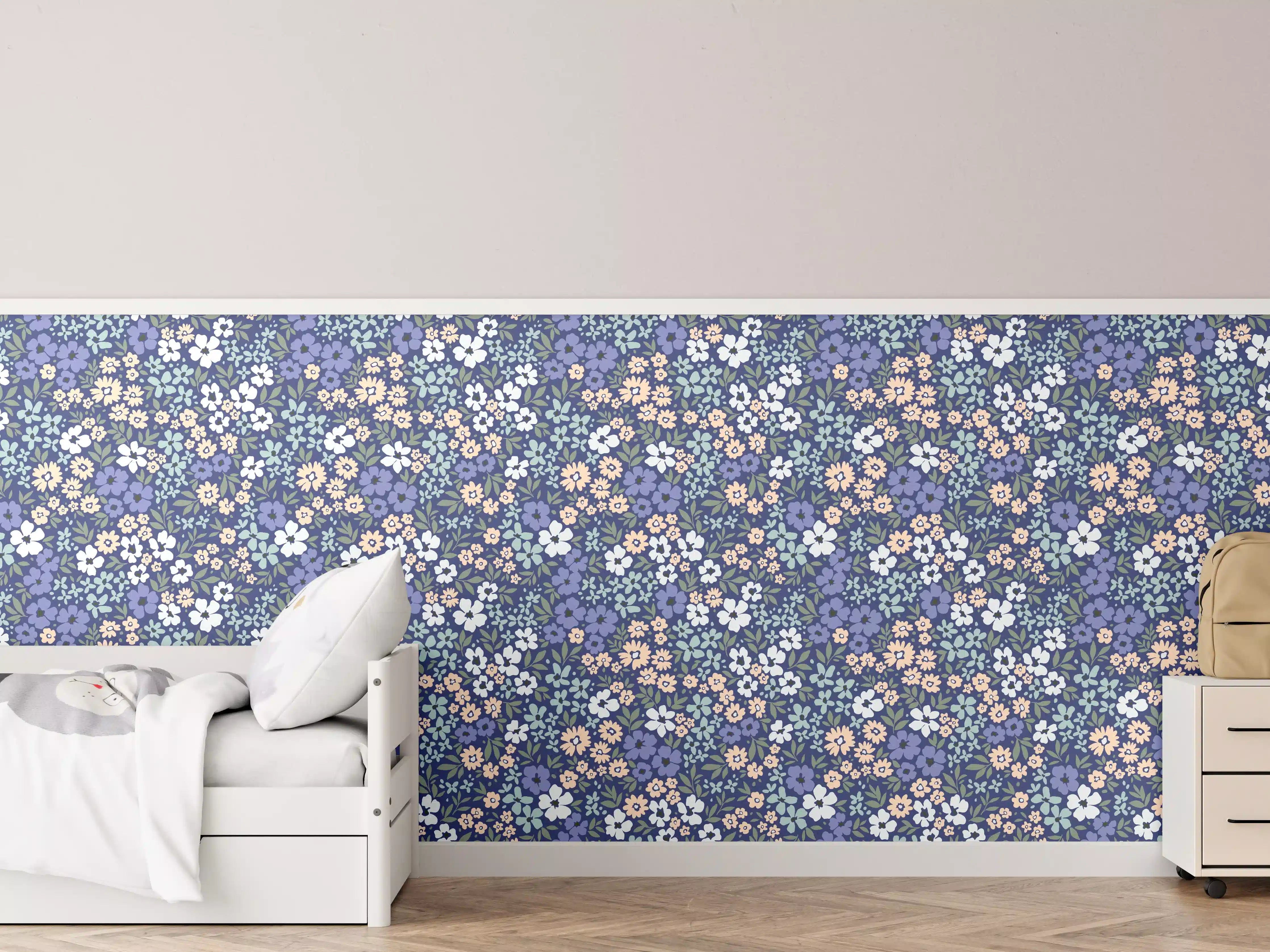 Kinderzimmer Wandgestaltung - Vintage Ditsy Blumenmuster Blau