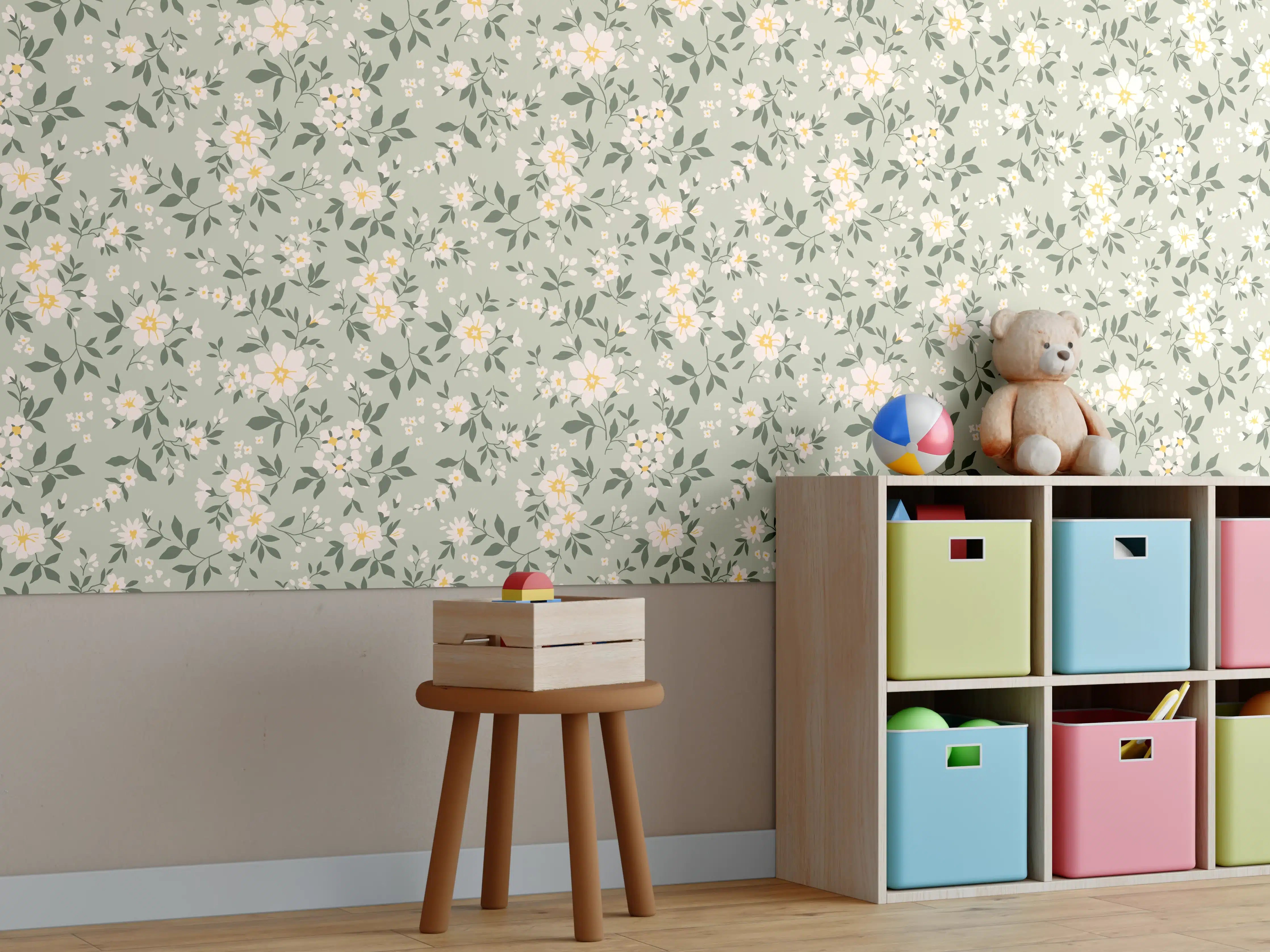 Kinderzimmer Wandgestaltung - Vintage Ditsy Blumenmuster Grün-Beige