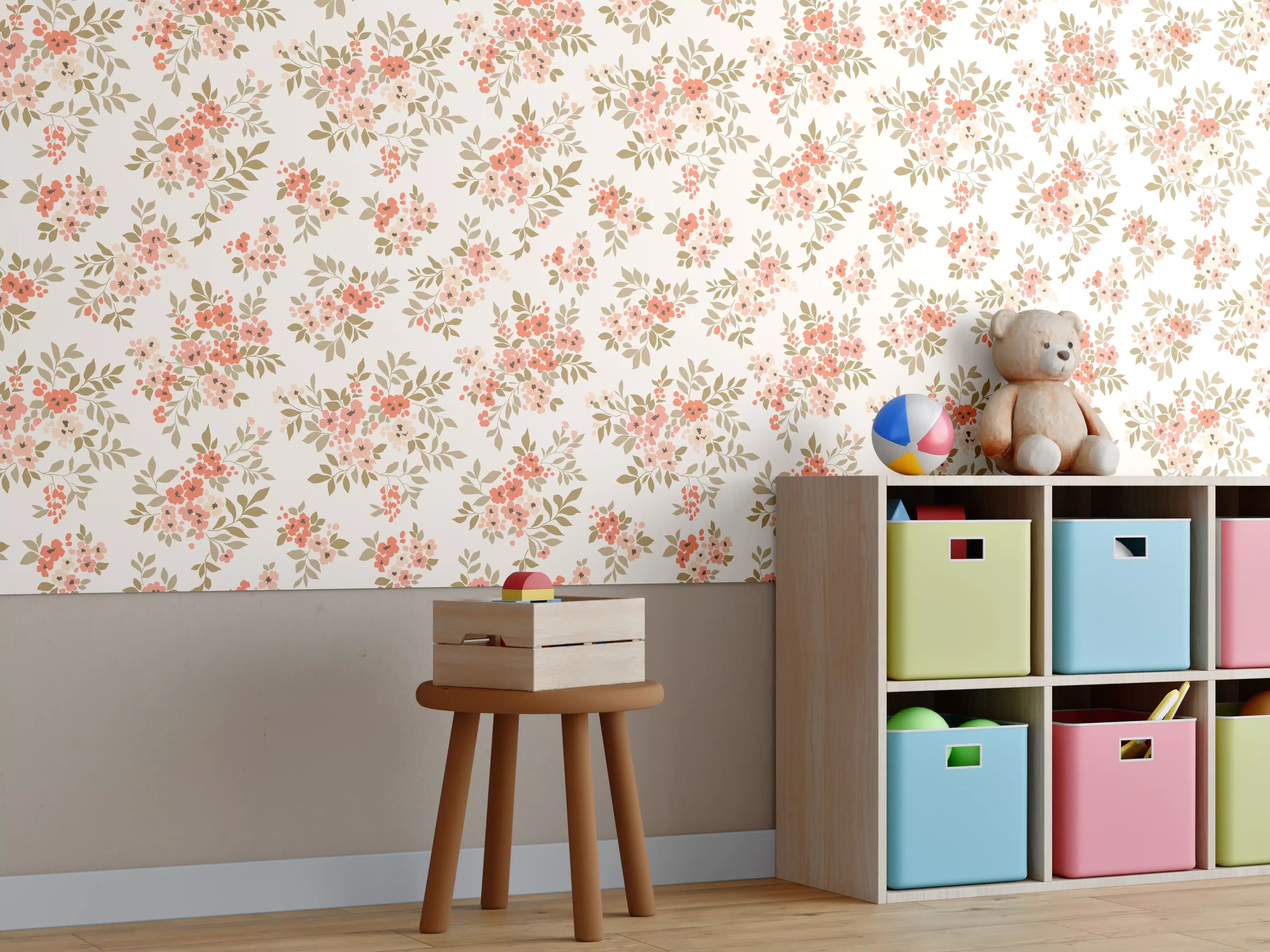 Kinderzimmer Wandgestaltung - Vintage Ditsy Blumenmuster Rosa Beige