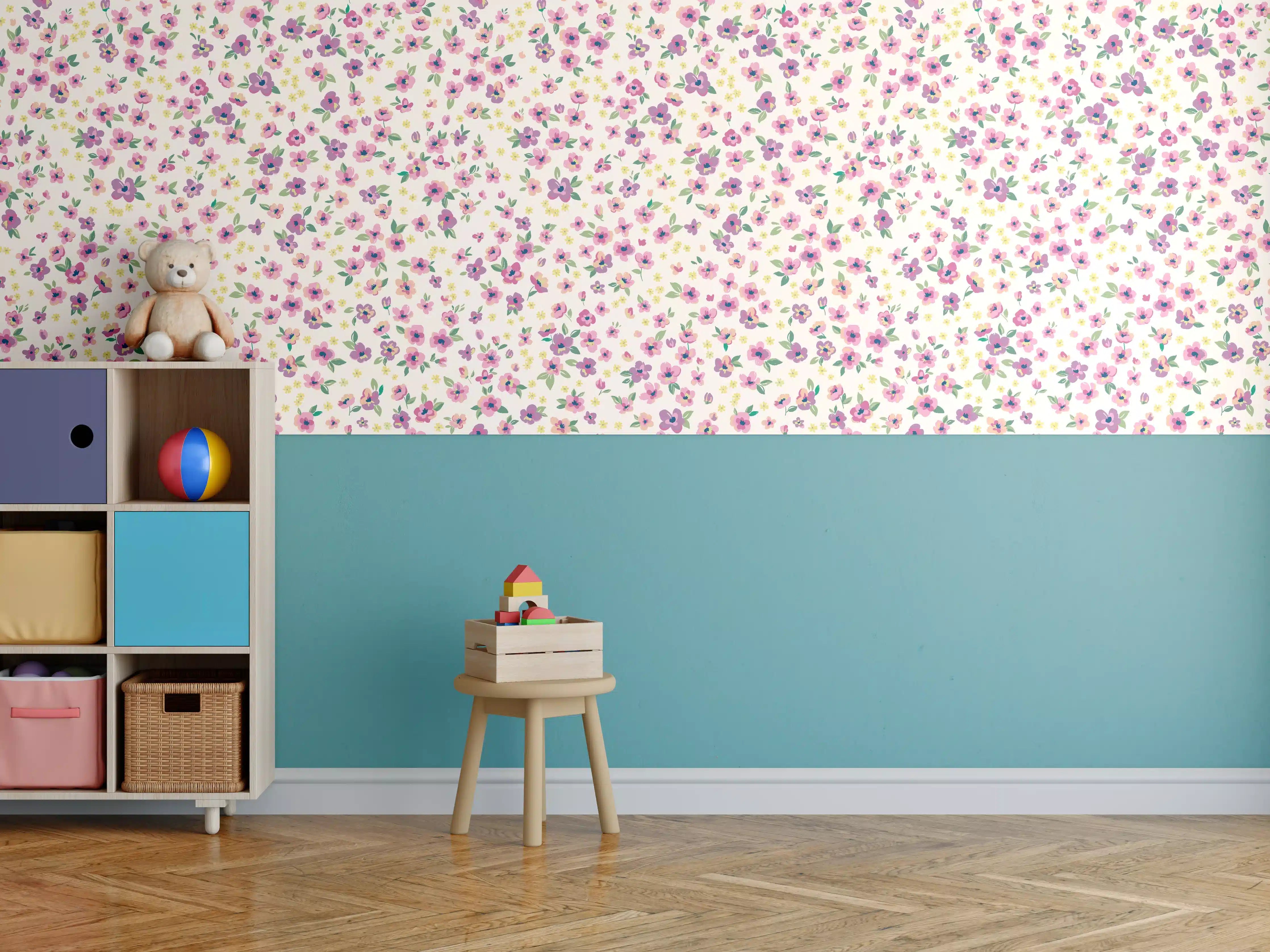 Kinderzimmer Wandgestaltung - Vintage Ditsy Blumenmuster Rosa