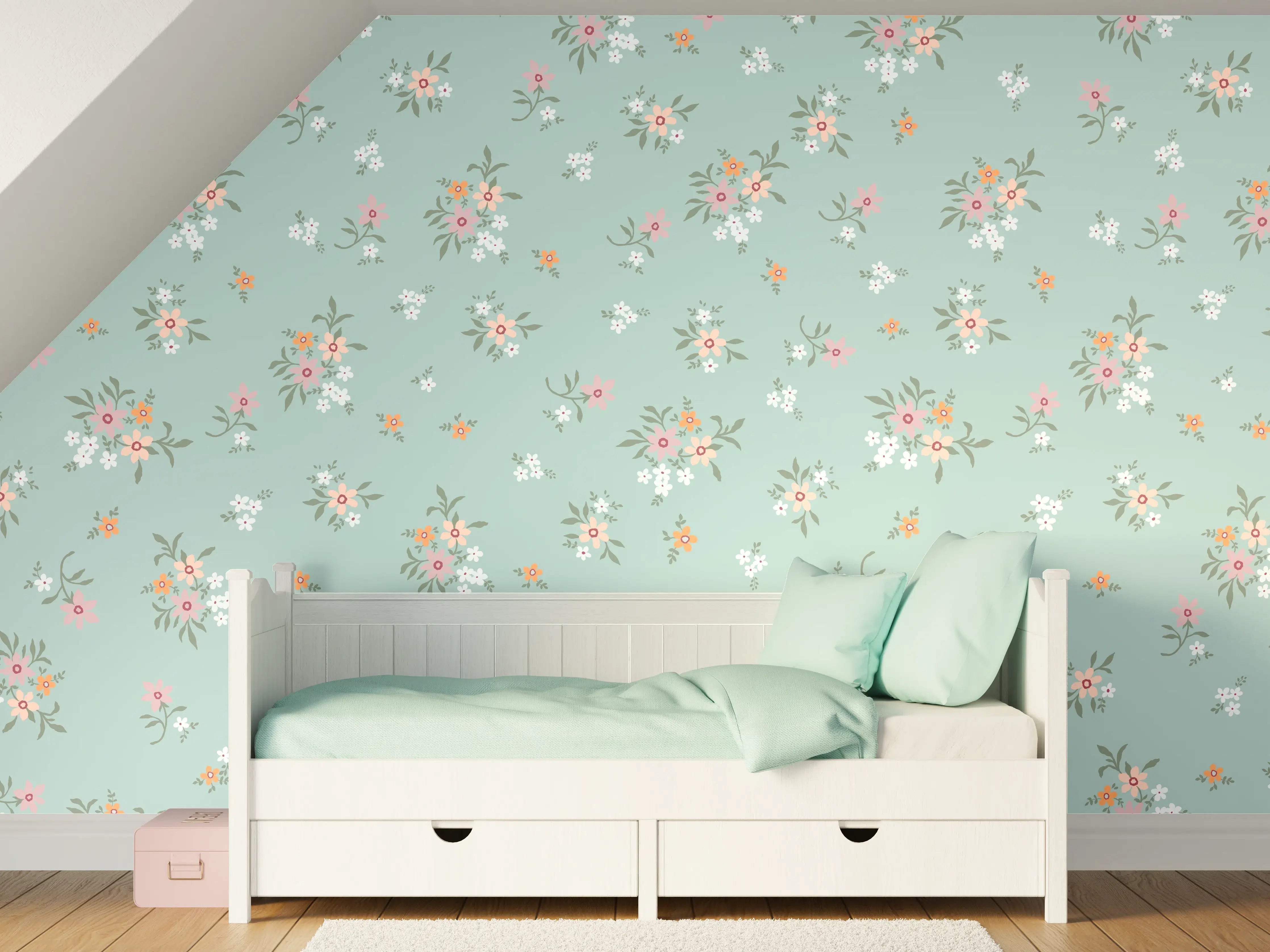 Kinderzimmer Wandgestaltung - Vintage Ditsy Blumenmuster Türkis